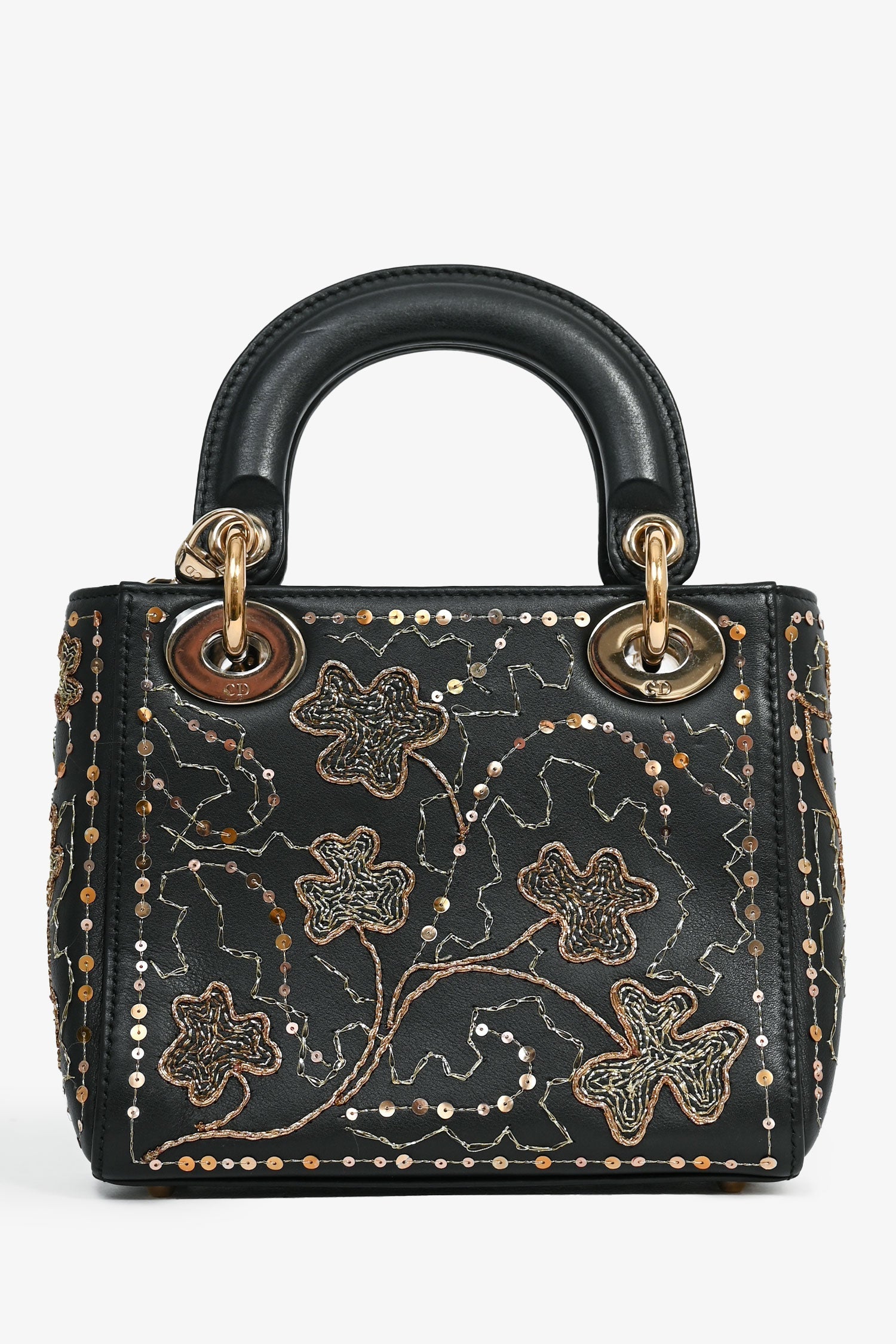 Christian D1OR Black Leather Gold 'Clovers' Embroidered Mini Lady D1OR
