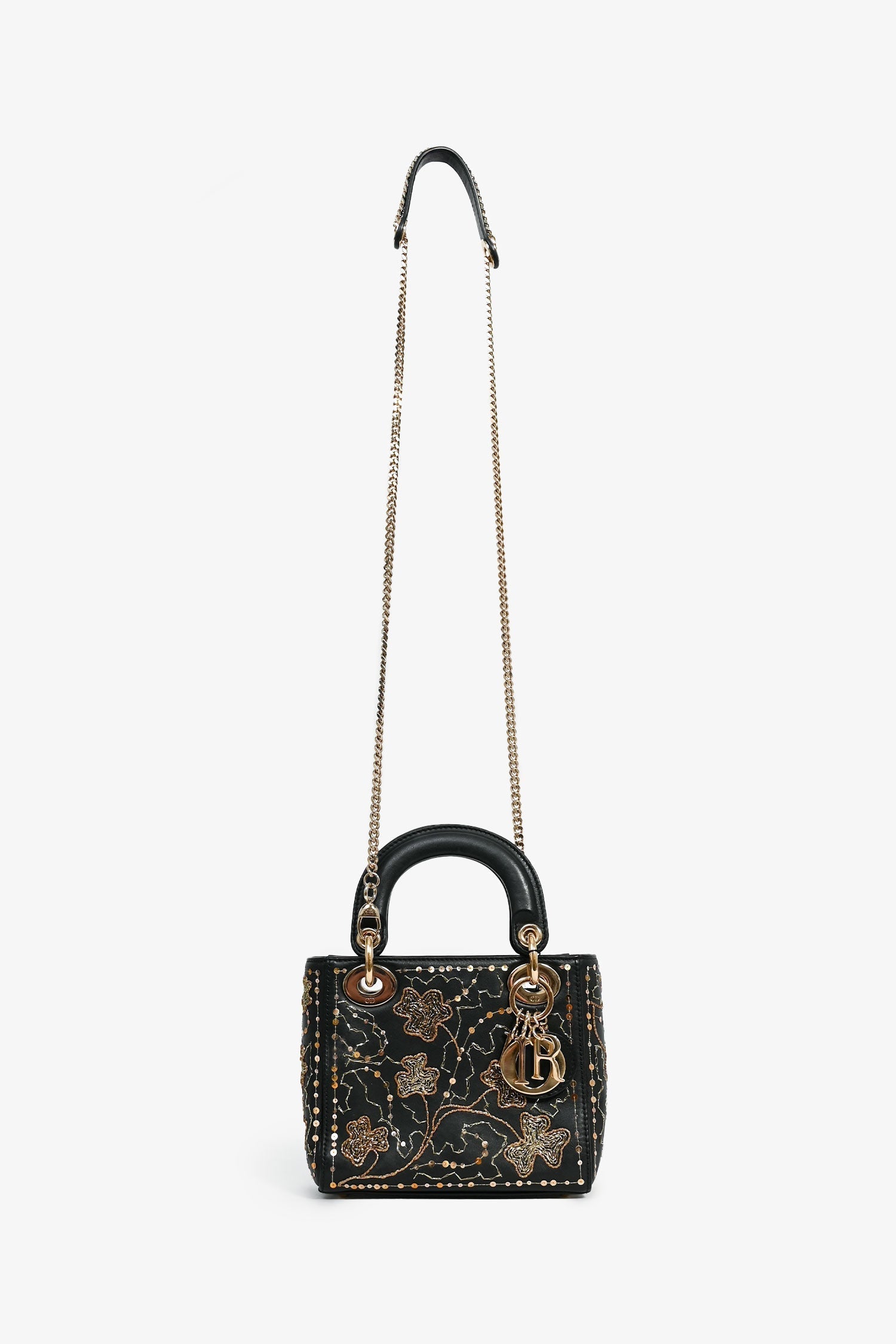 Christian D1OR Black Leather Gold 'Clovers' Embroidered Mini Lady D1OR