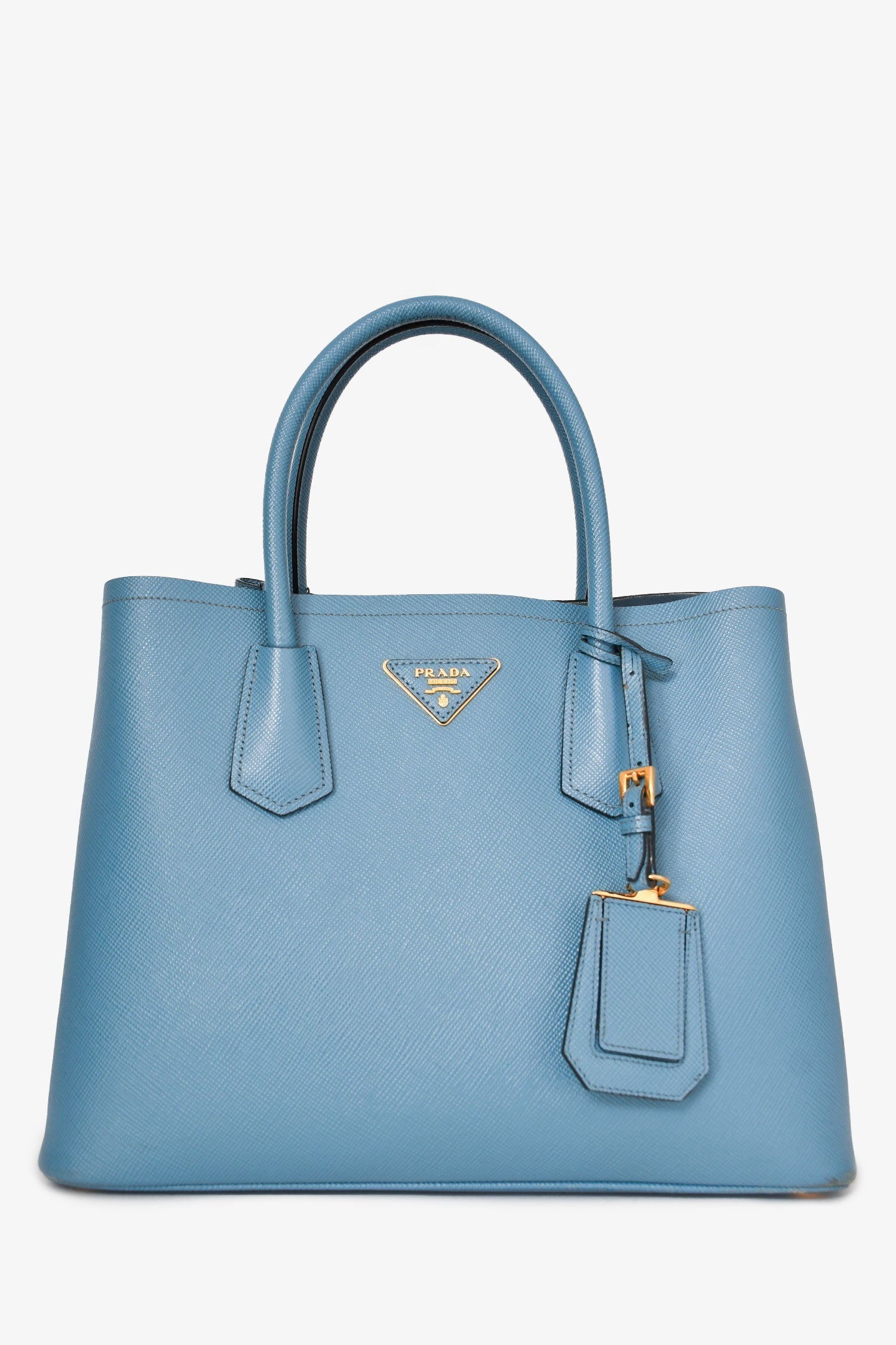 PRD Blue Saffiano Leather Double top Handle Bag with Strap