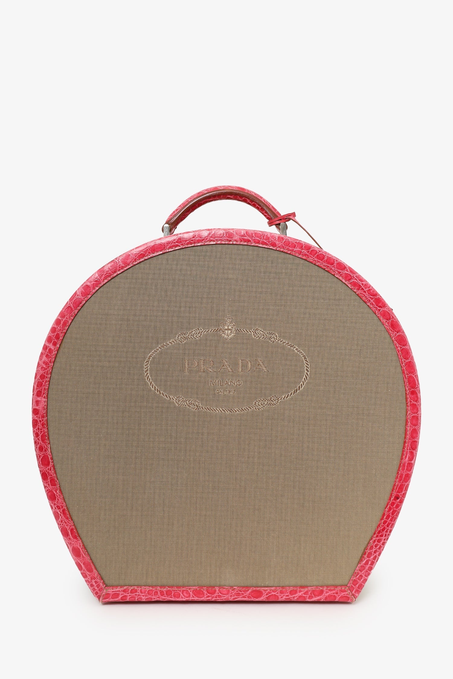 PRD Beige Canvas Pink Crocodile Trim Hat Box