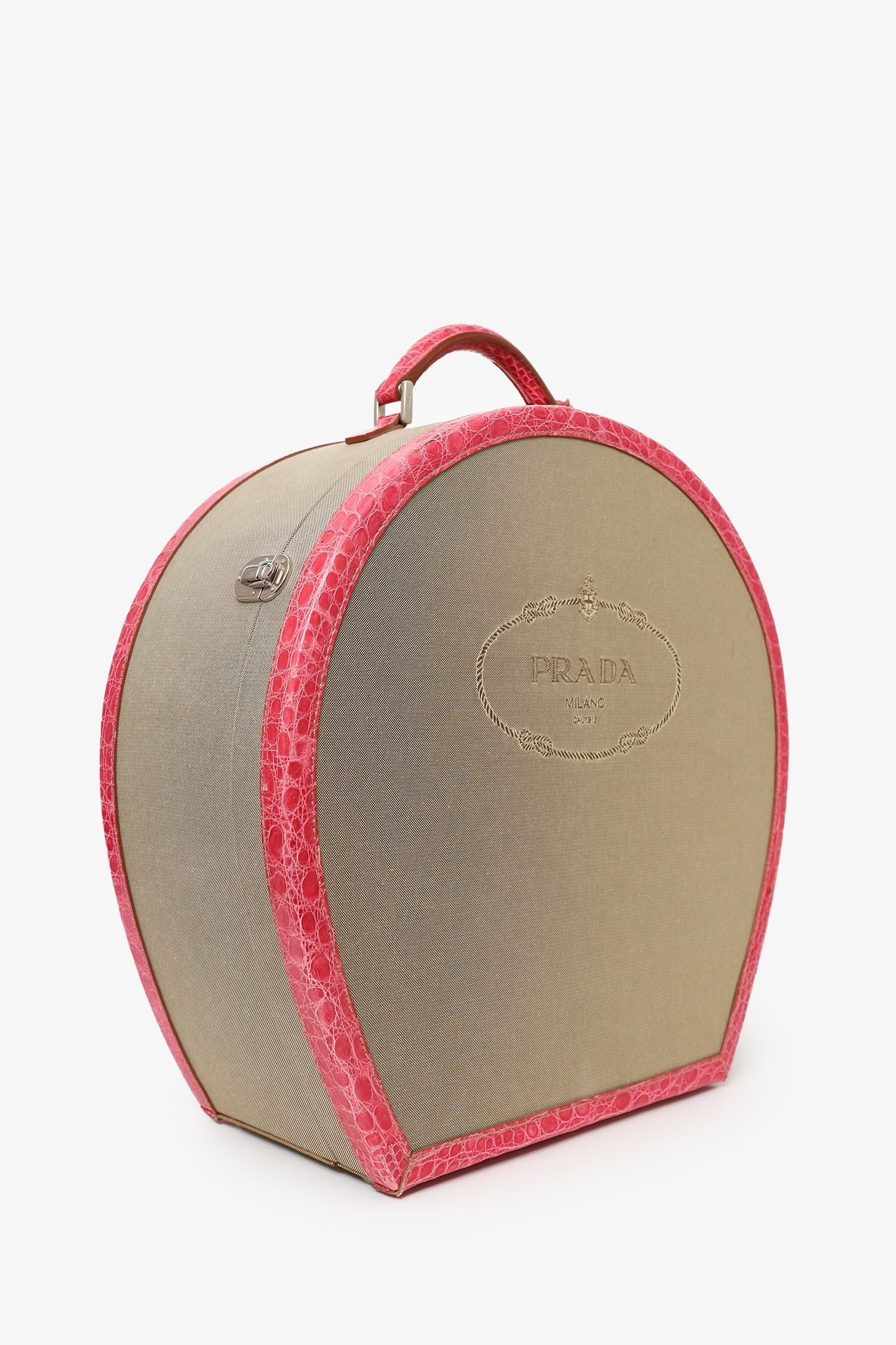 PRD Beige Canvas Pink Crocodile Trim Hat Box