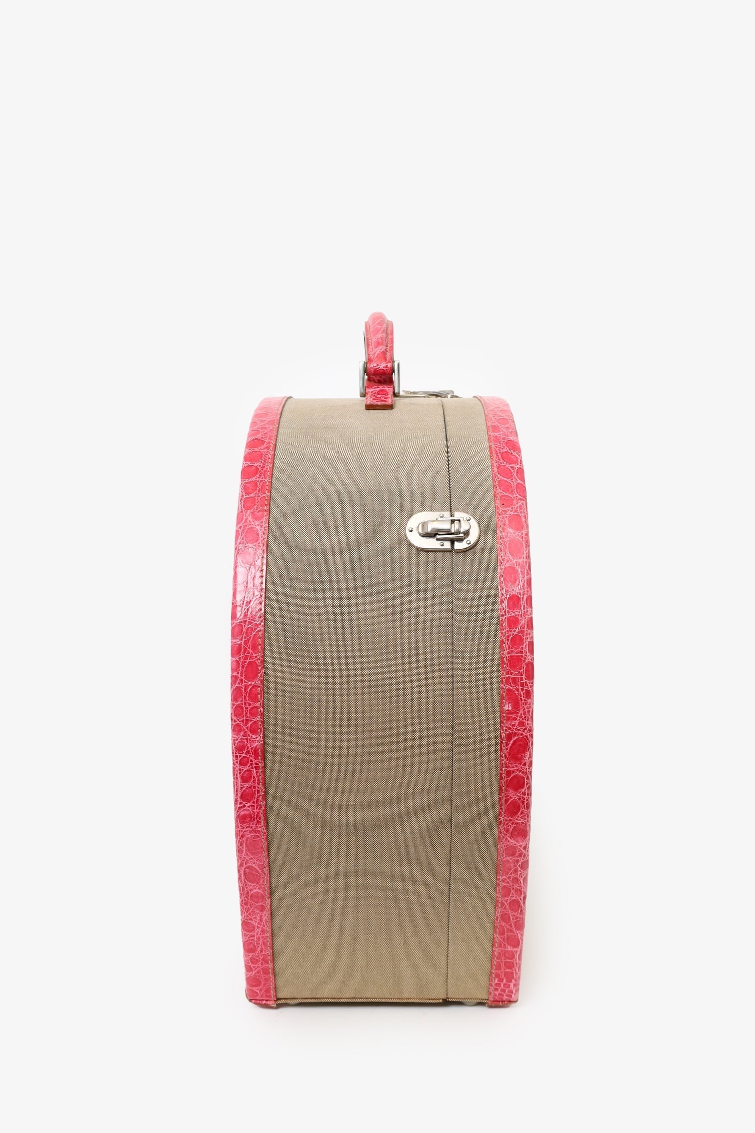 PRD Beige Canvas Pink Crocodile Trim Hat Box