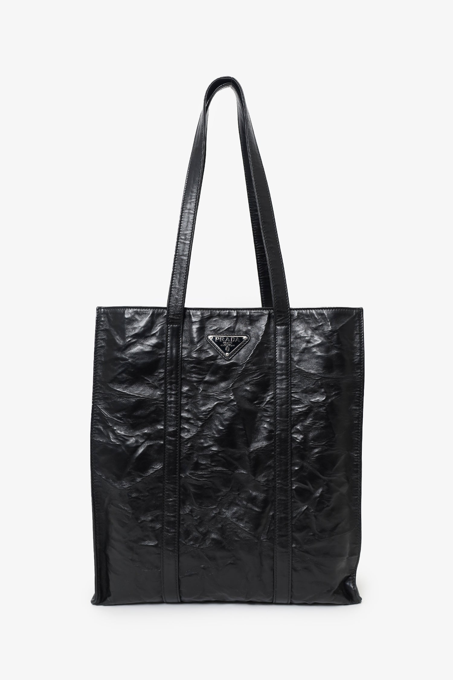PRD Black Crinkle Nappa Leather Small Tote Bag