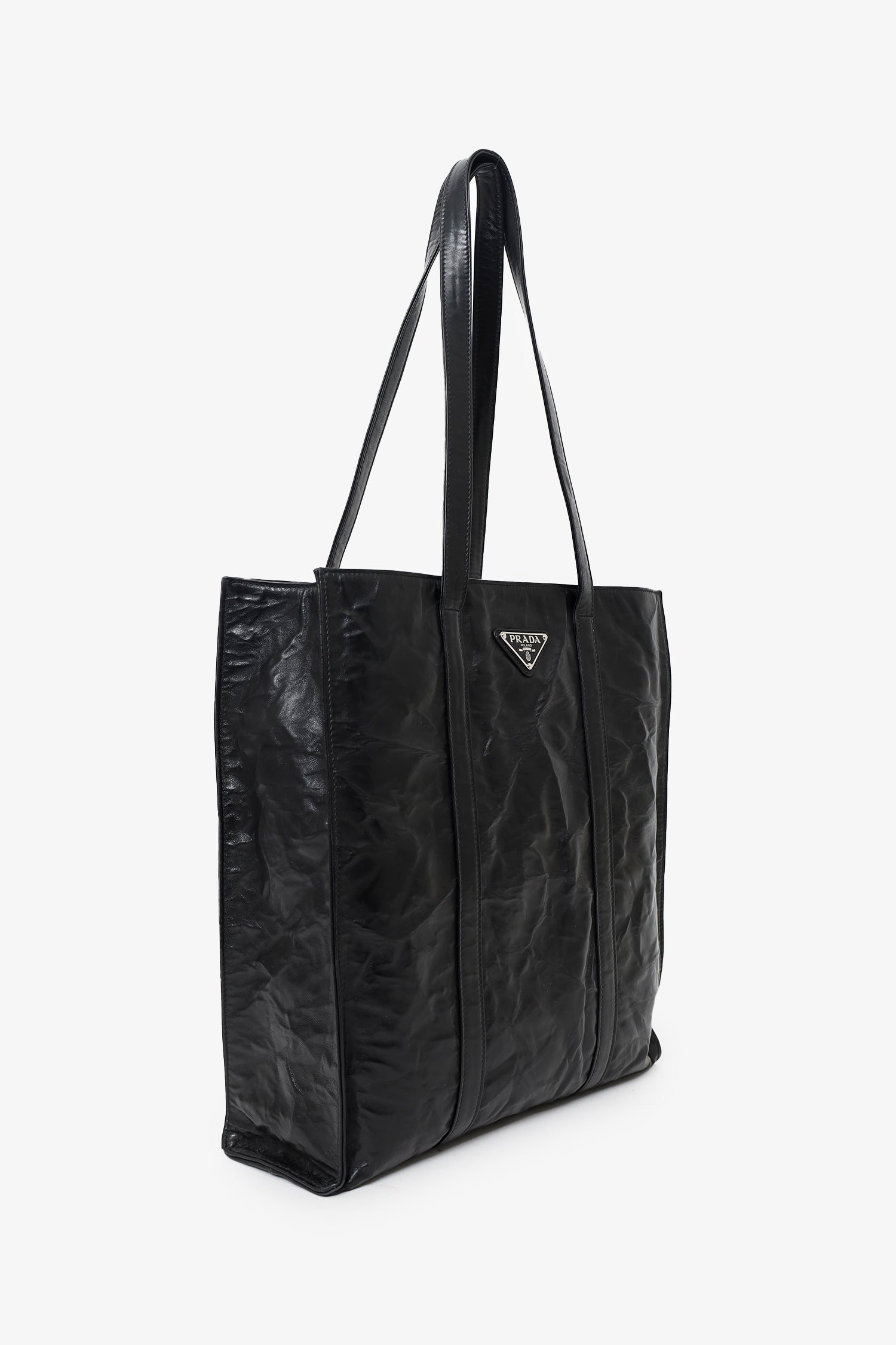 PRD Black Crinkle Nappa Leather Small Tote Bag