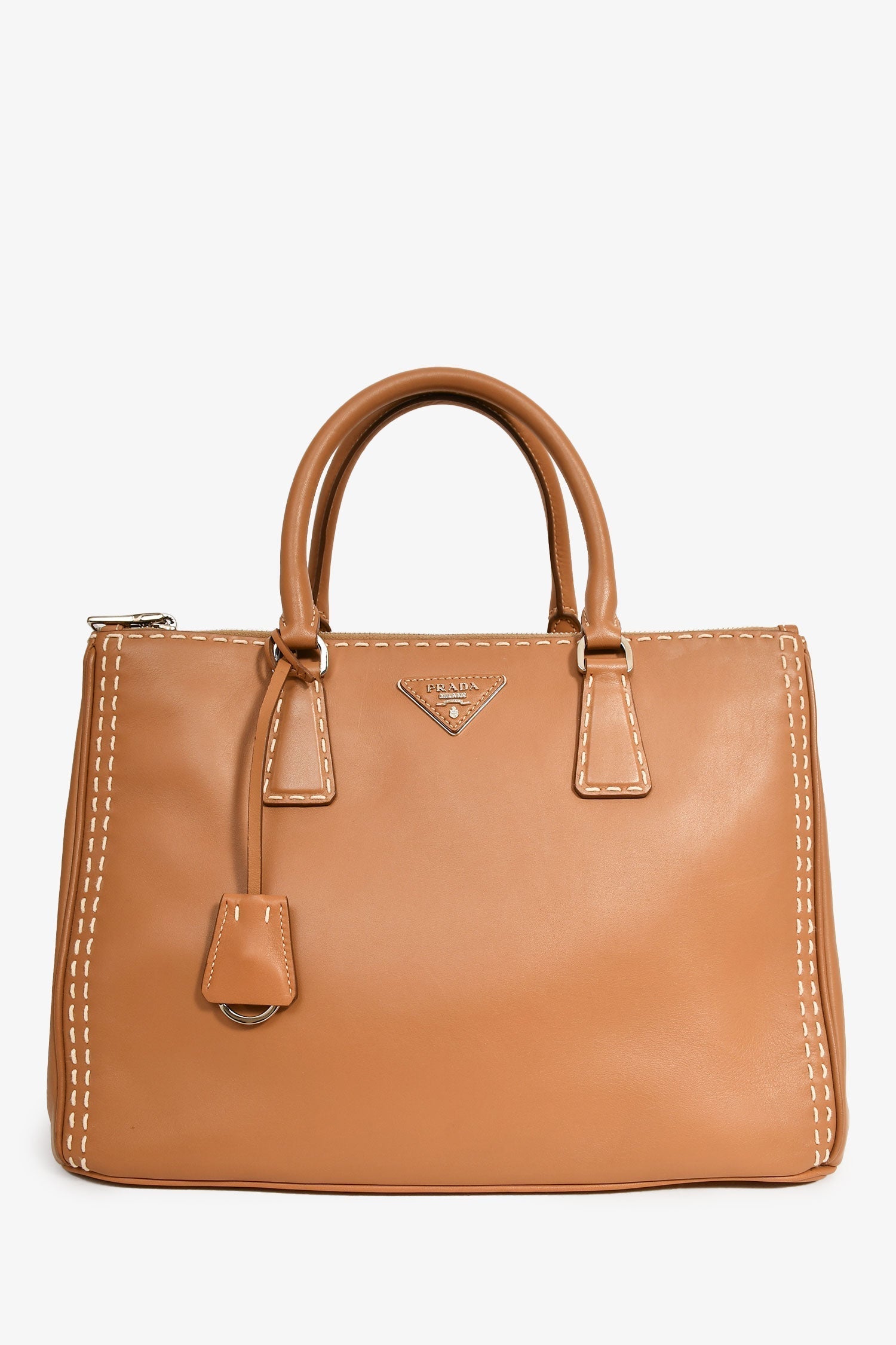 PRD Brown Leather White Stitch Double Zip 'Galleria' Top Handle with Strap