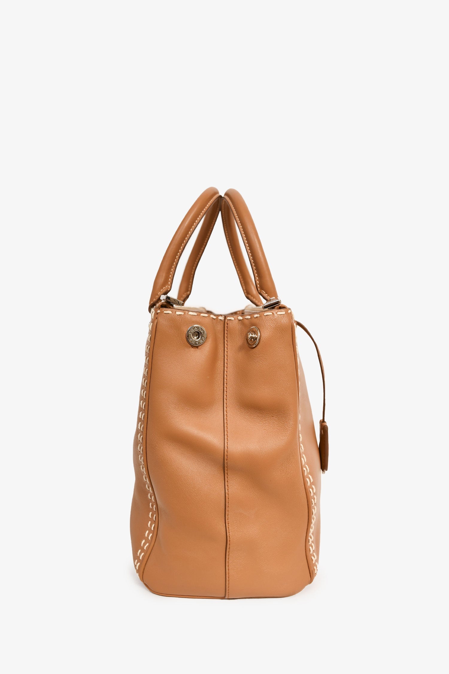 PRD Brown Leather White Stitch Double Zip 'Galleria' Top Handle with Strap