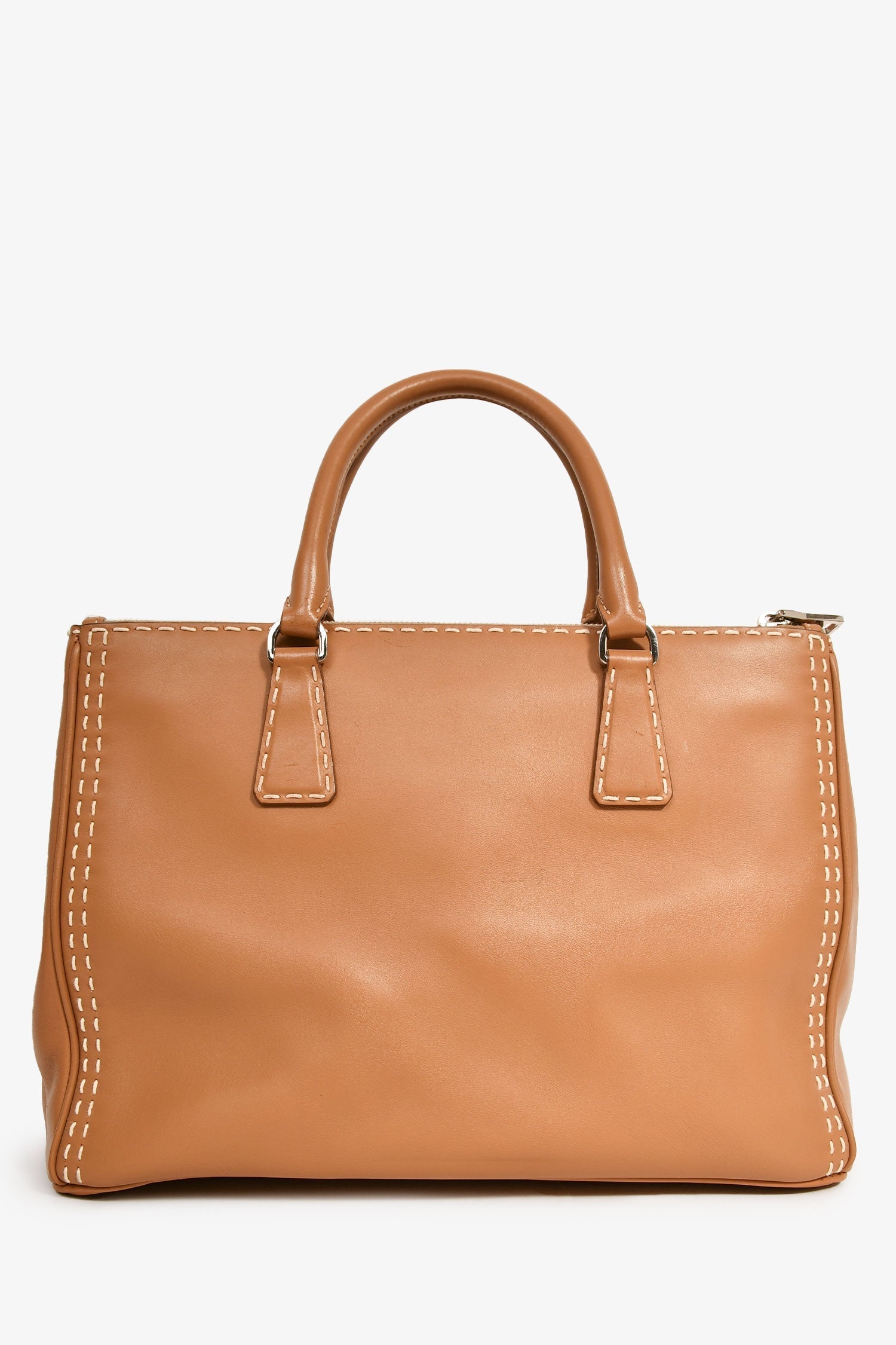 PRD Brown Leather White Stitch Double Zip 'Galleria' Top Handle with Strap