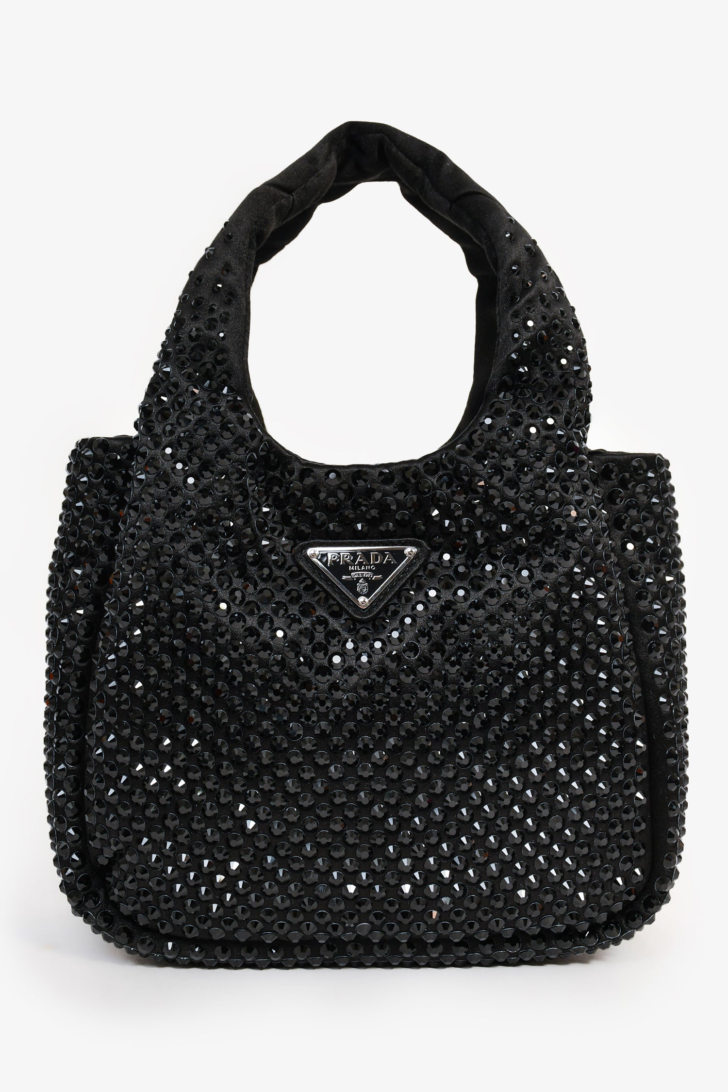 PRD 2024 Holiday Black Satin Crystal Top Handle Mini Tote Bag