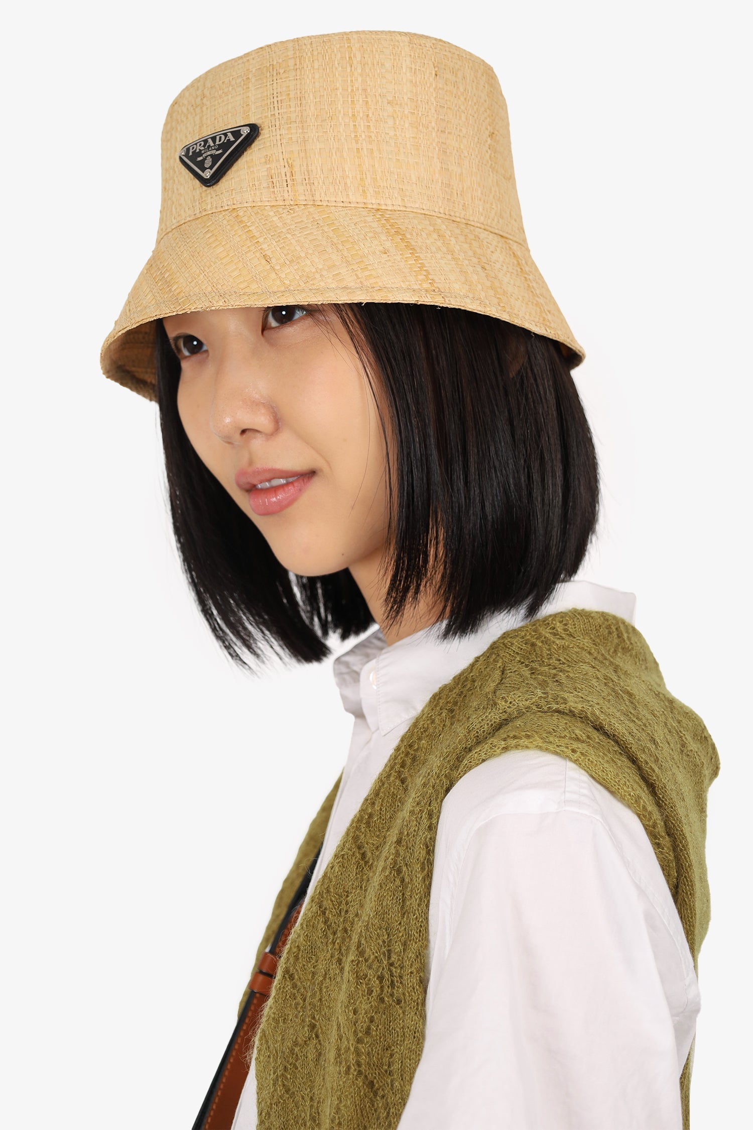 PRD Beige Straw Triangle Logo Bucket Hat Size S