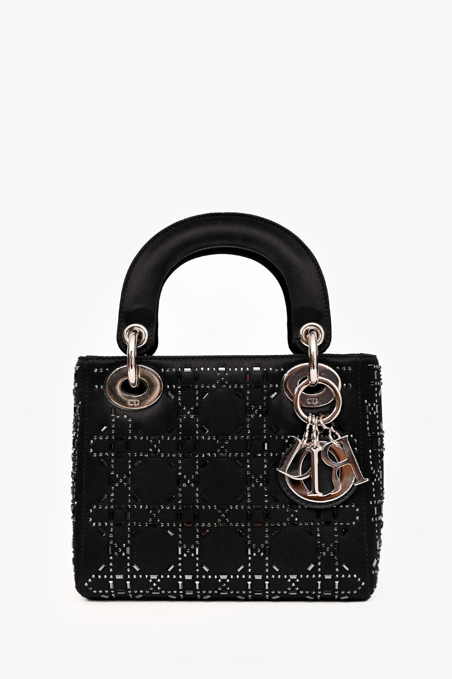 Christian D1OR 2018 Black Satin Crystal Embellished Mini Lady D1OR with Strap