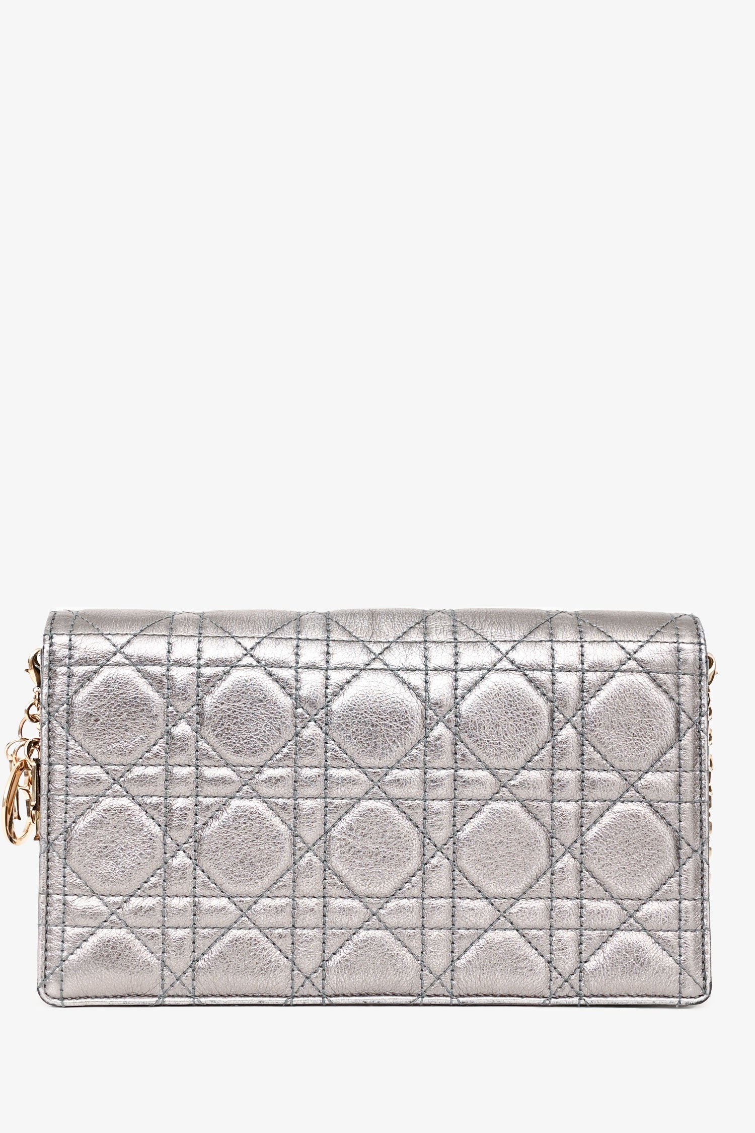 Christian D1OR 2019 Silver Cannage Leather Lady D1OR Pouch on Chain