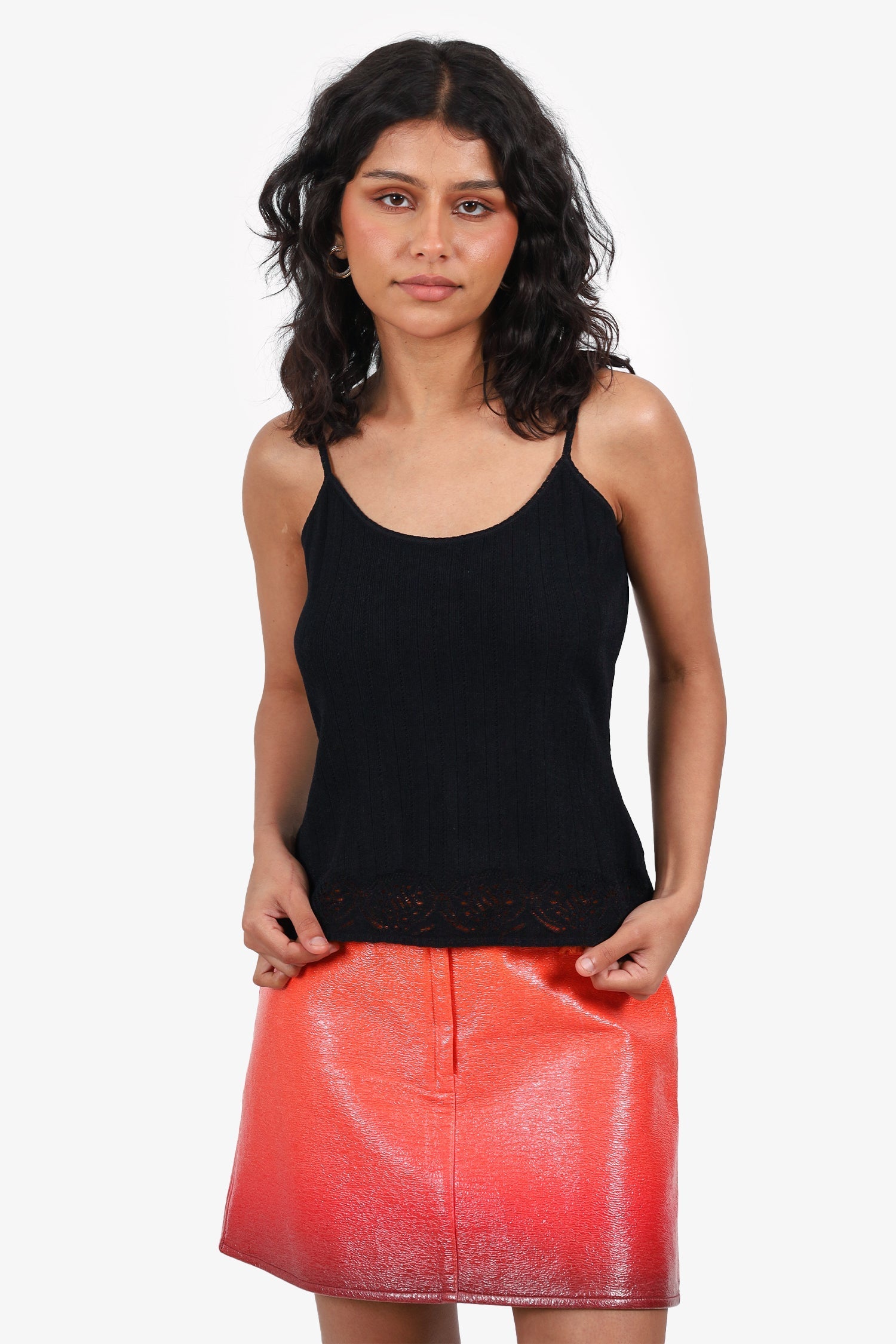 Christian D1OR Black Ribbed Knit Cropped Tank Top Size 10