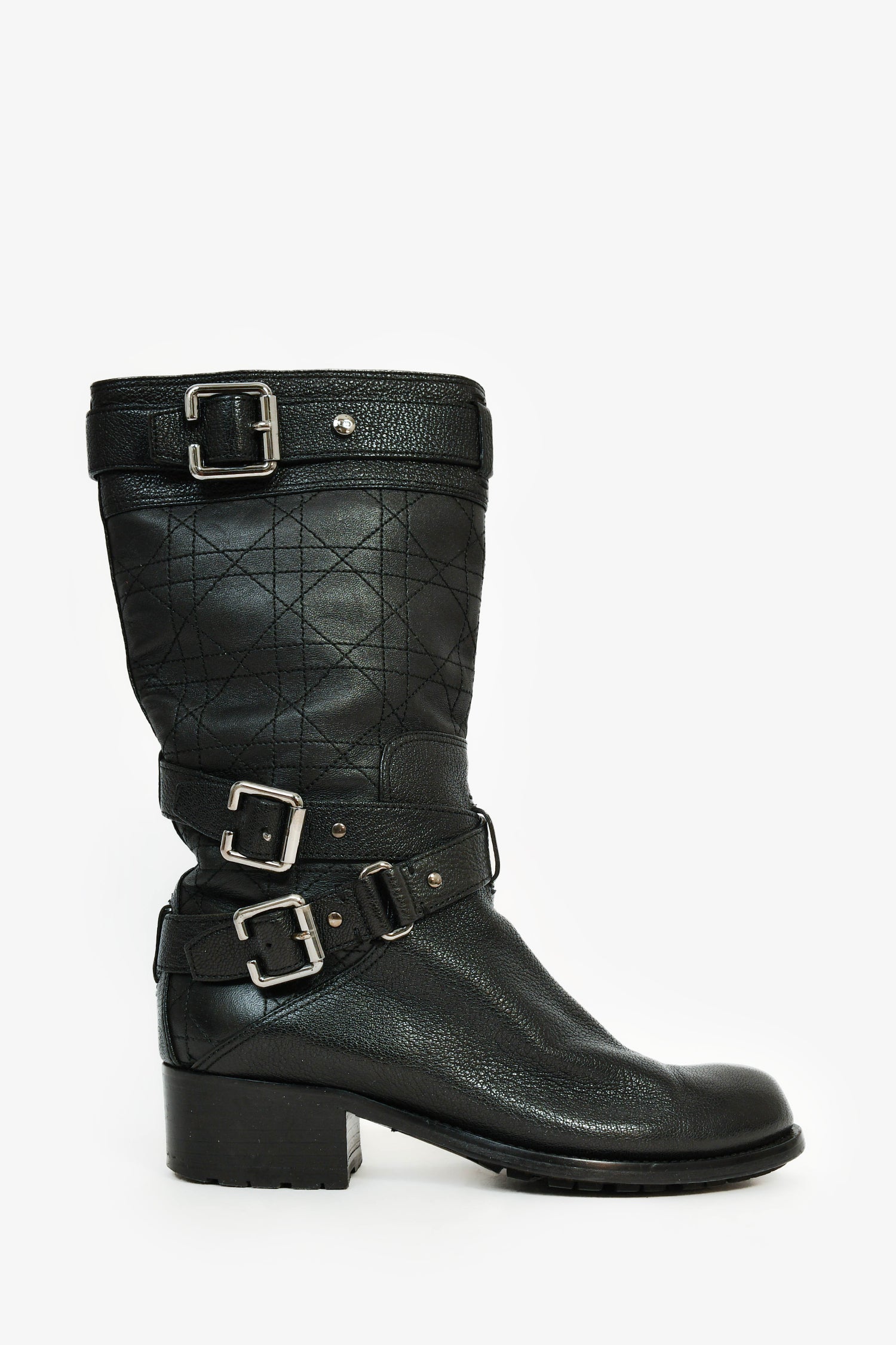 Christian D1OR Black Cannage Leather Moto Boots Size 36