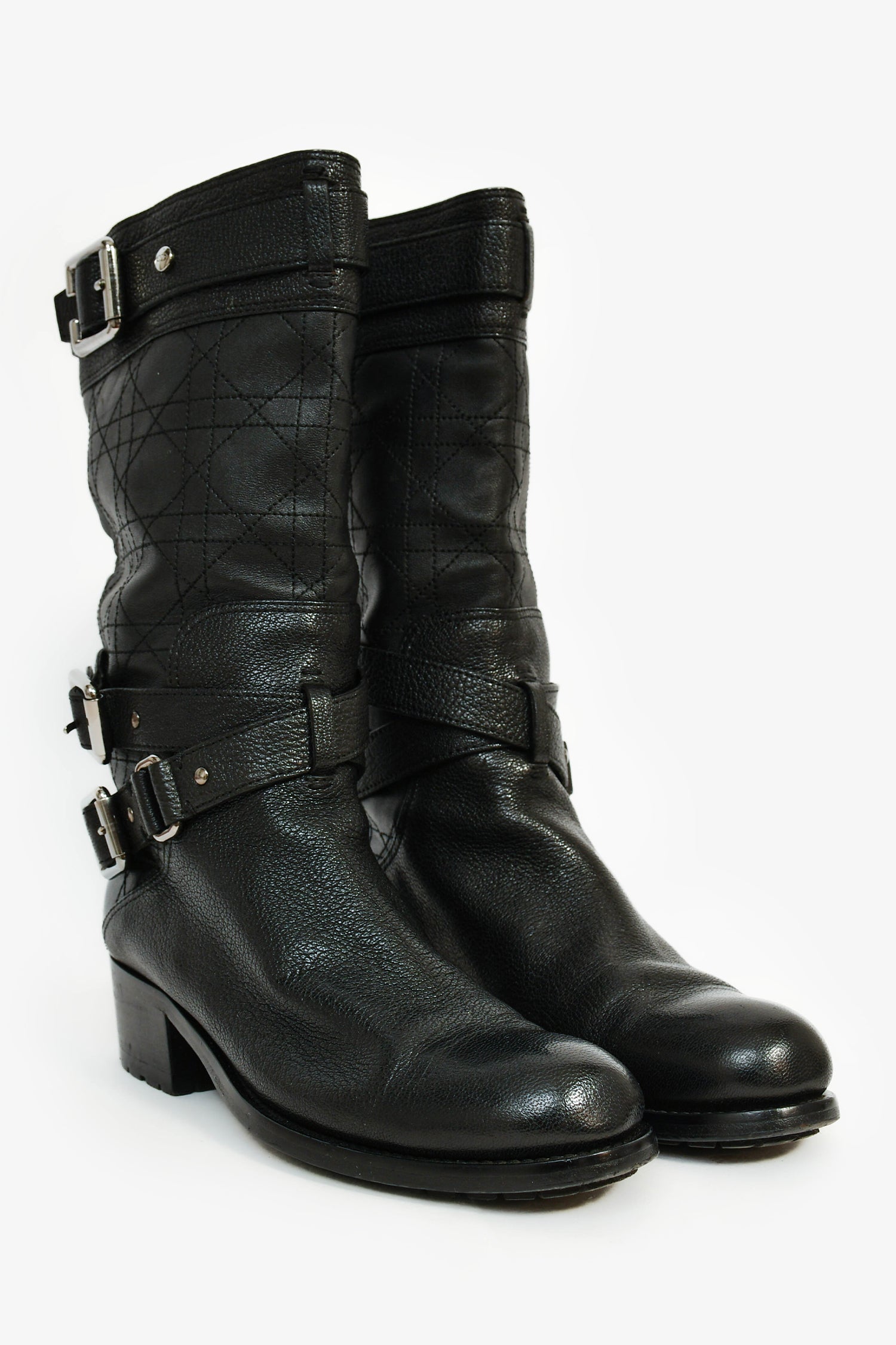 Christian D1OR Black Cannage Leather Moto Boots Size 36