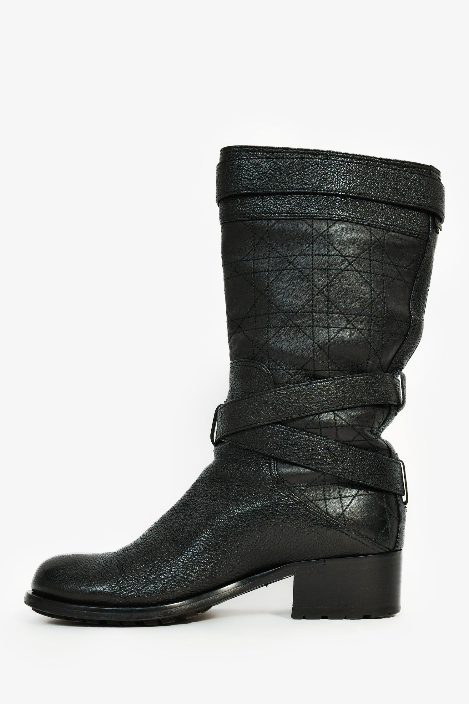 Christian D1OR Black Cannage Leather Moto Boots Size 36