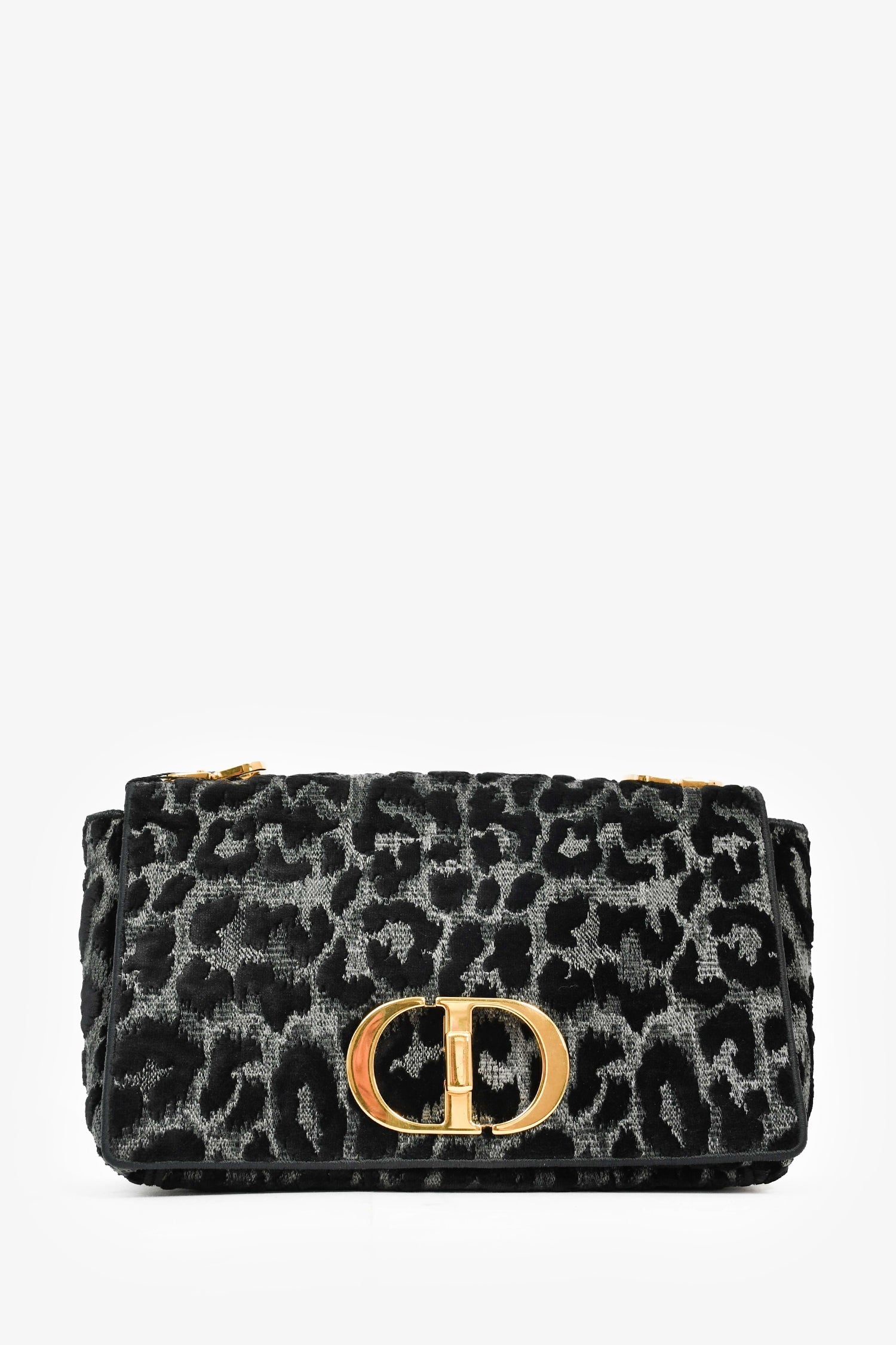 Christian D1OR 2021 Black Grey Velvet Leopard Print Medium Caro Bag