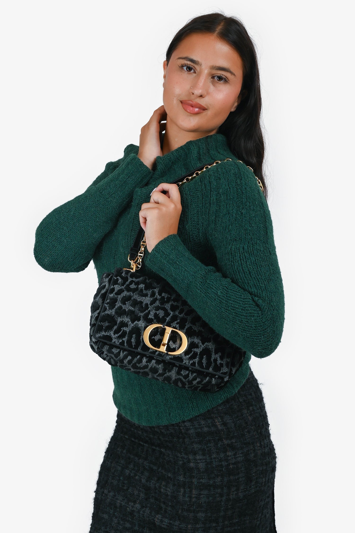Christian D1OR 2021 Black Grey Velvet Leopard Print Medium Caro Bag
