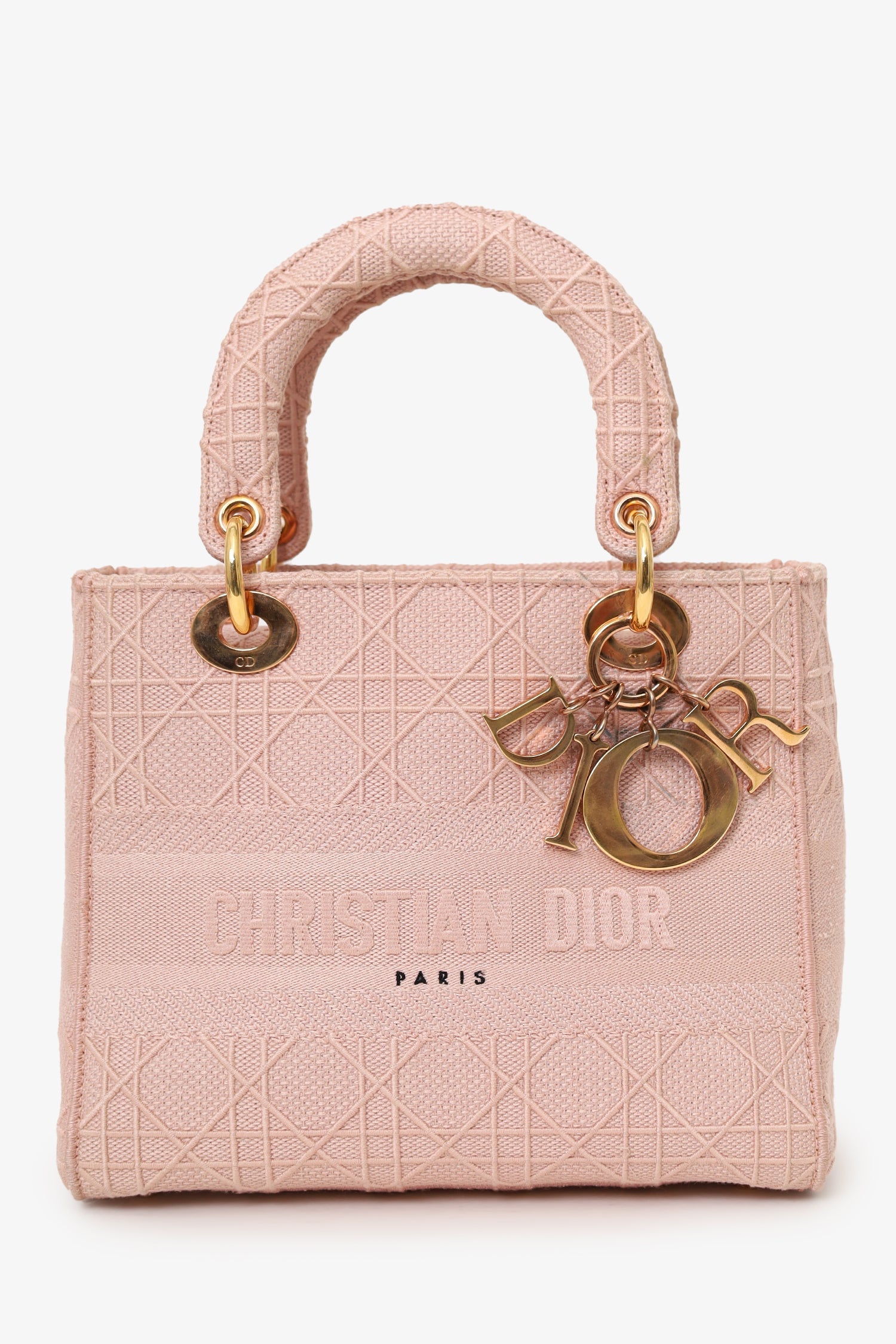 Christian D1OR 2020 Pink Cannage Embroidered Canvas Medium Lady D-Lite With Strap