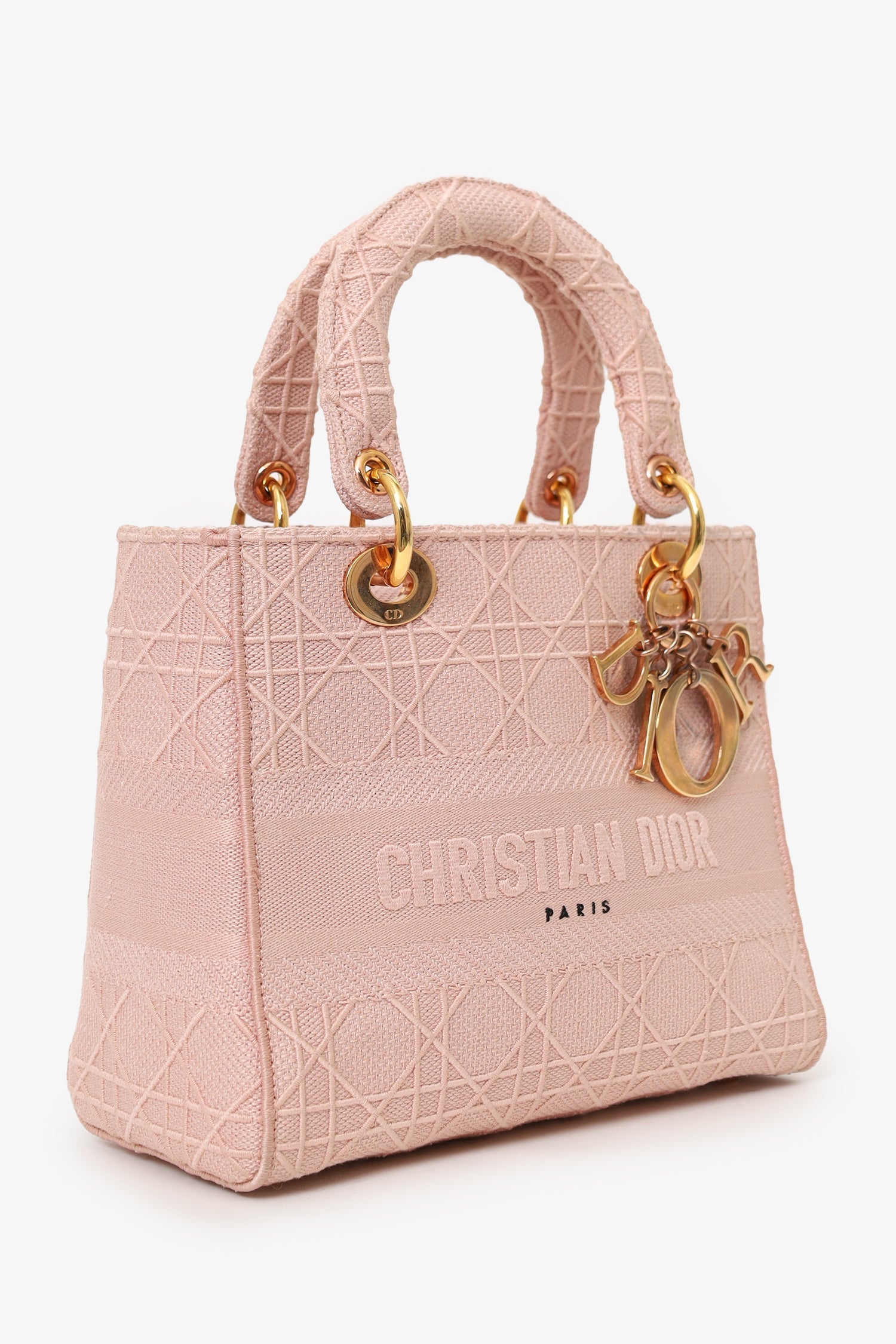 Christian D1OR 2020 Pink Cannage Embroidered Canvas Medium Lady D-Lite With Strap