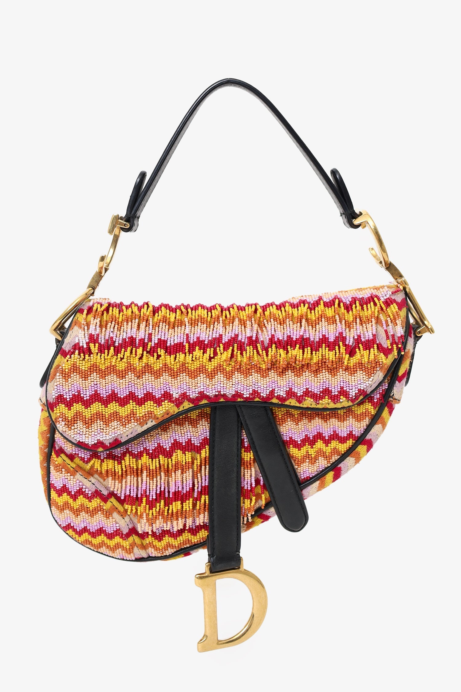 Christian D1OR 2018 Multicolour Embroidered Fringe Beaded Mini Saddle Bag With Canvas Strap