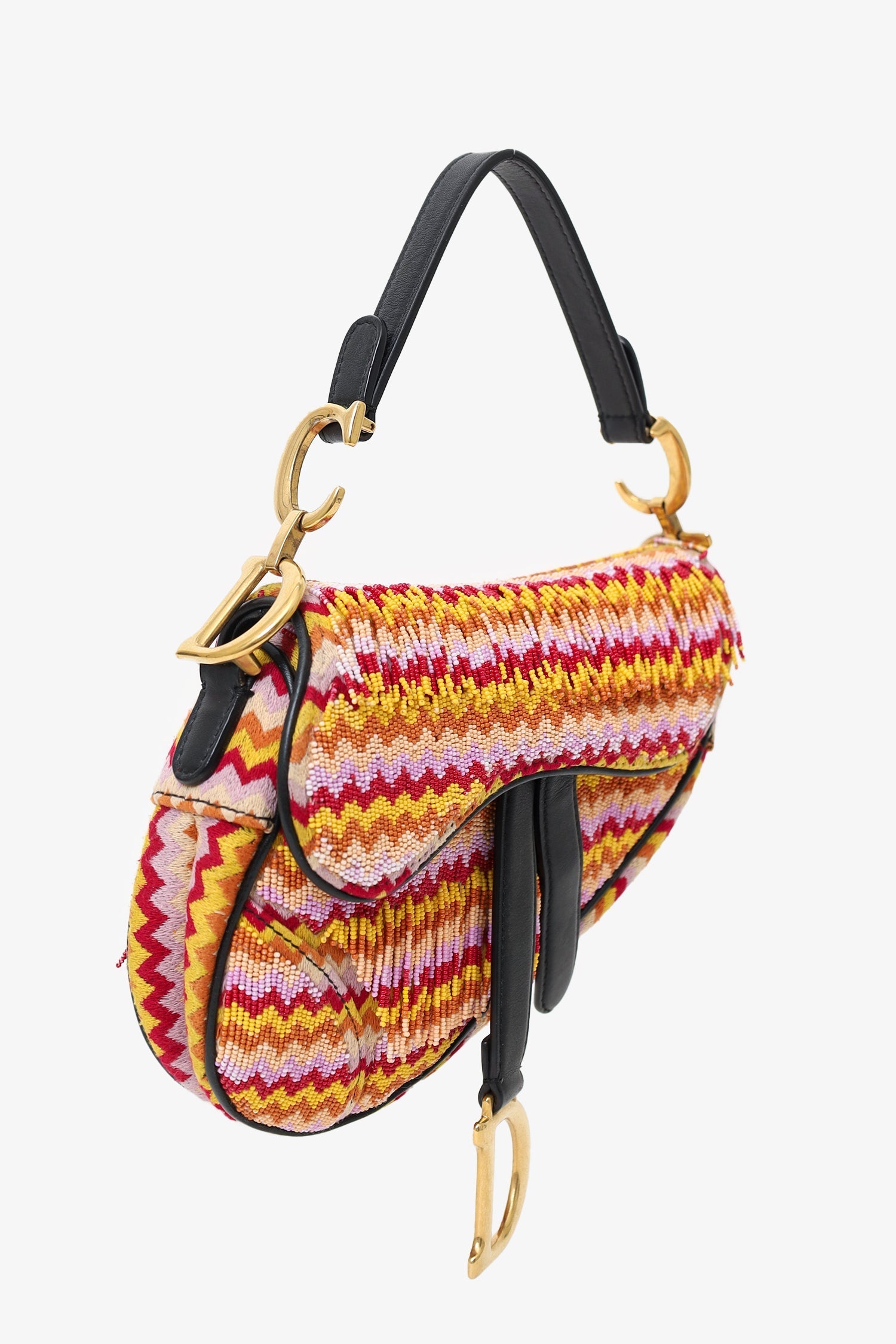Christian D1OR 2018 Multicolour Embroidered Fringe Beaded Mini Saddle Bag With Canvas Strap