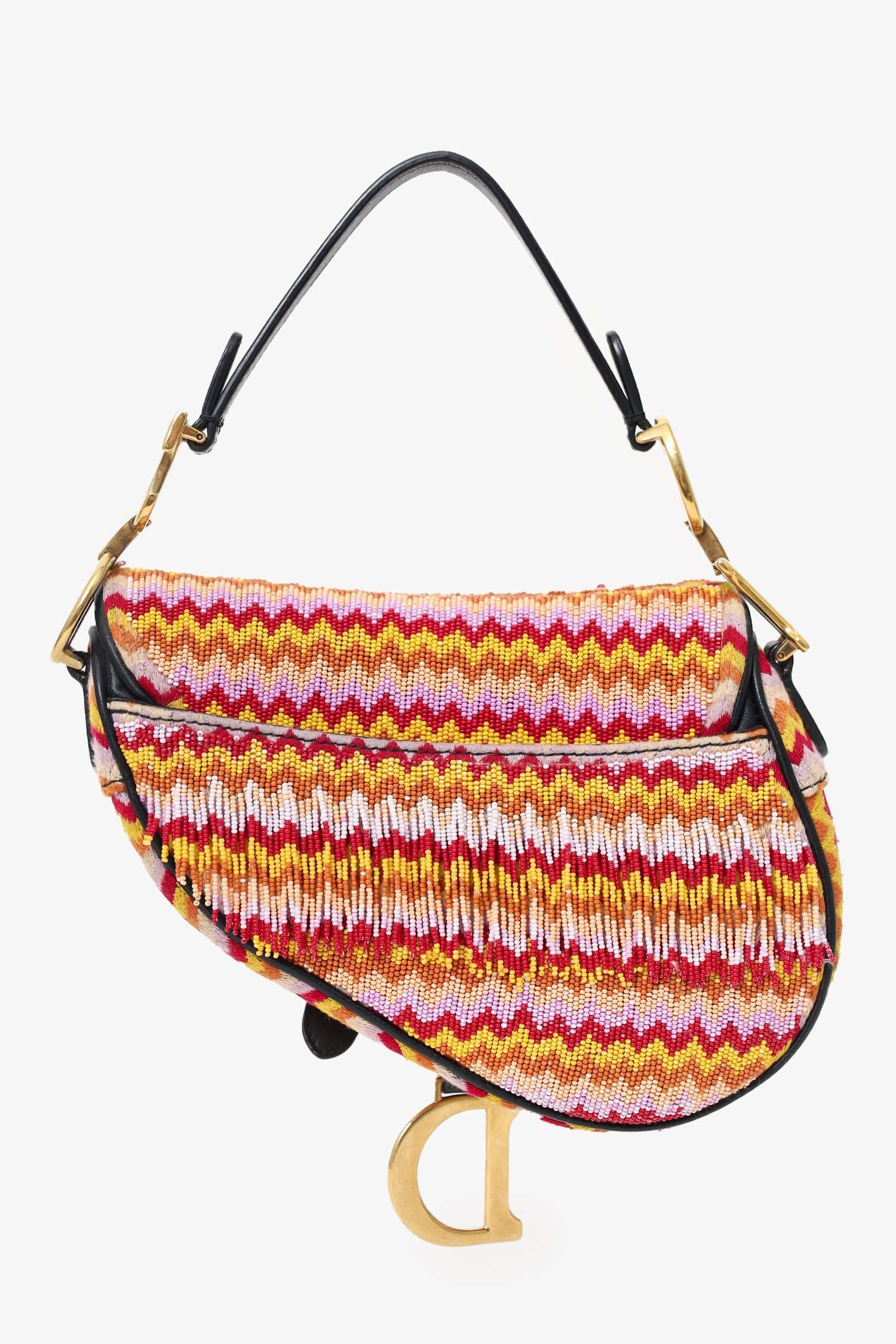 Christian D1OR 2018 Multicolour Embroidered Fringe Beaded Mini Saddle Bag With Canvas Strap