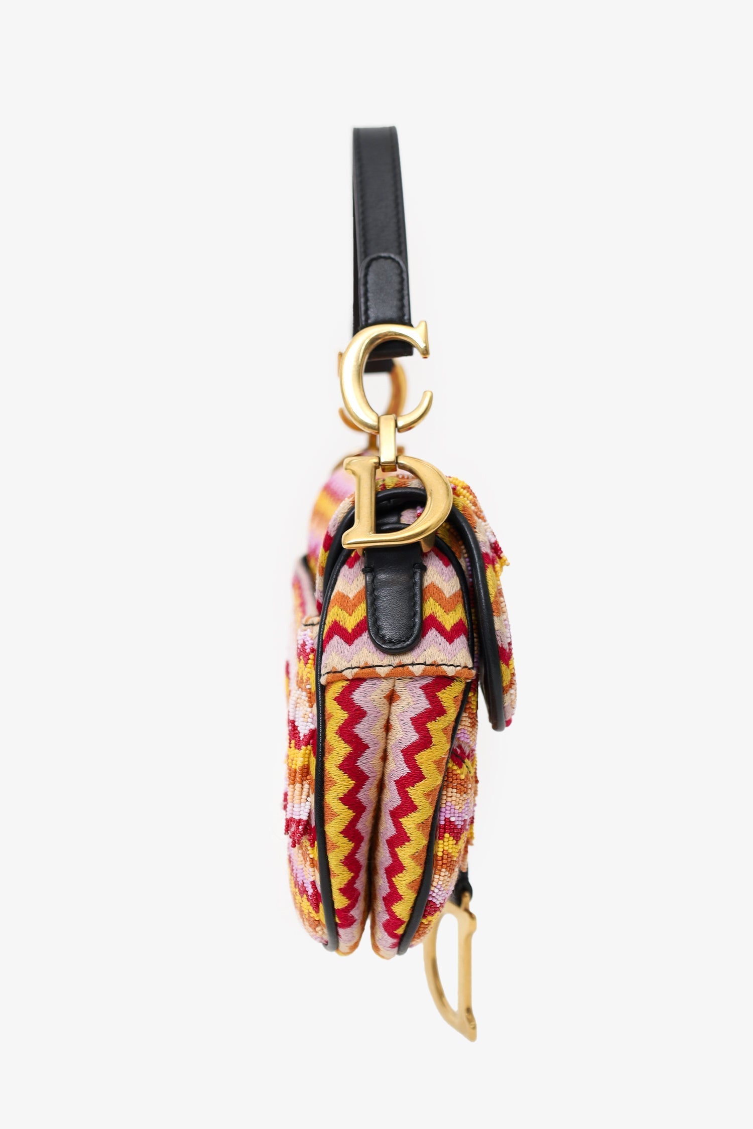 Christian D1OR 2018 Multicolour Embroidered Fringe Beaded Mini Saddle Bag With Canvas Strap