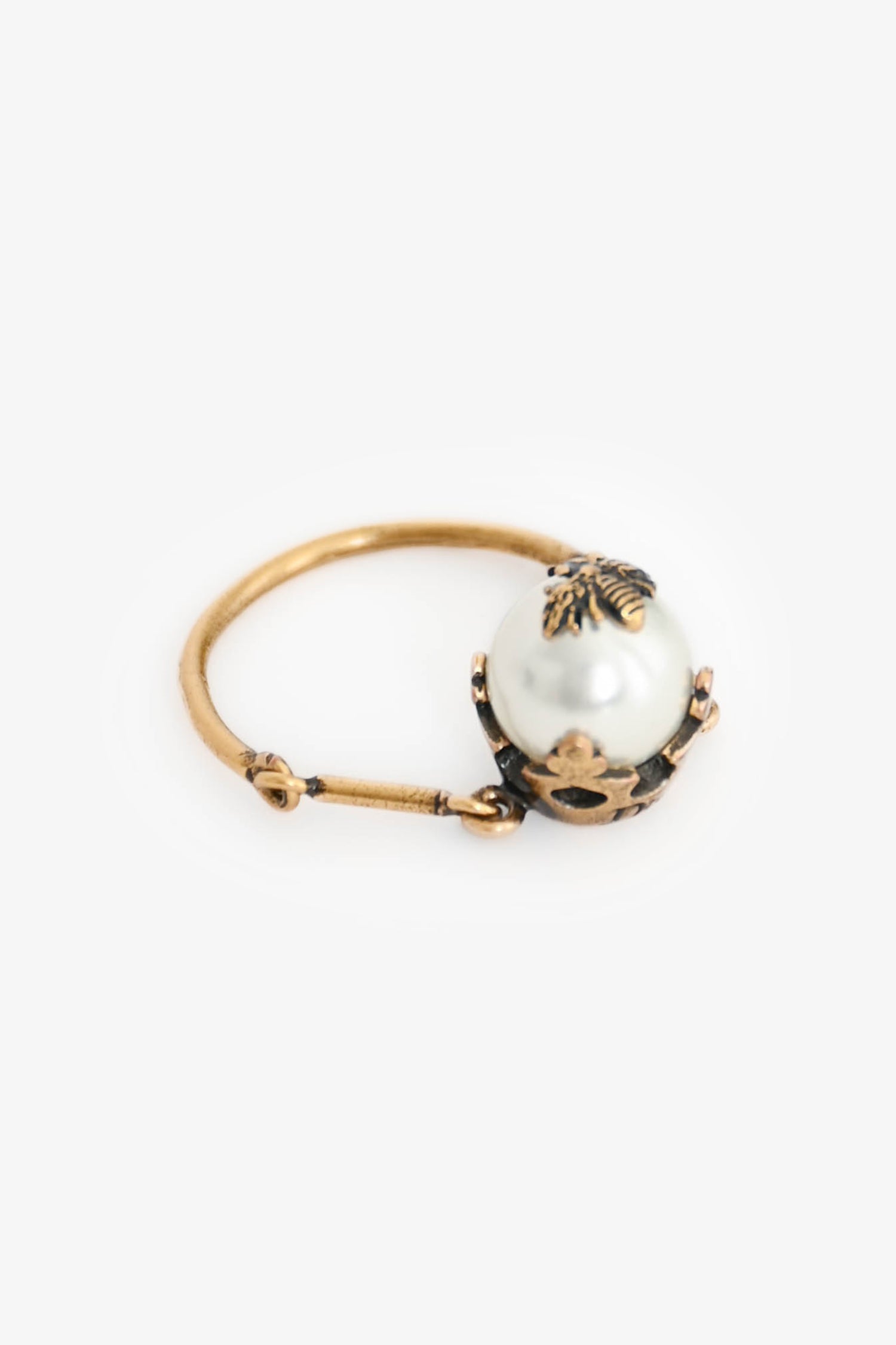Christian D1OR Antique Gold Toned Metal Faux Pearl Ring Size M