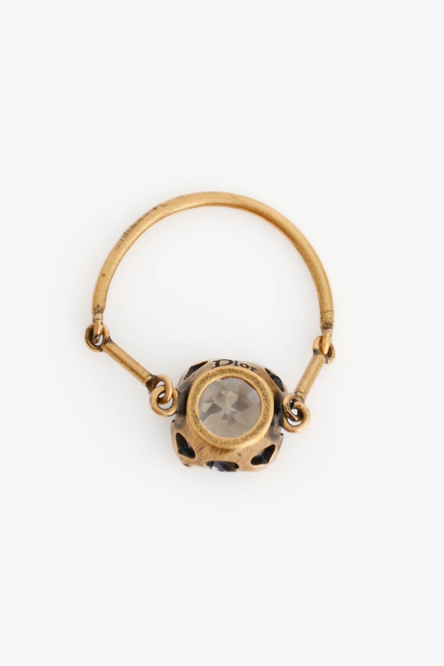 Christian D1OR Antique Gold Tone Metal Crystal Ring