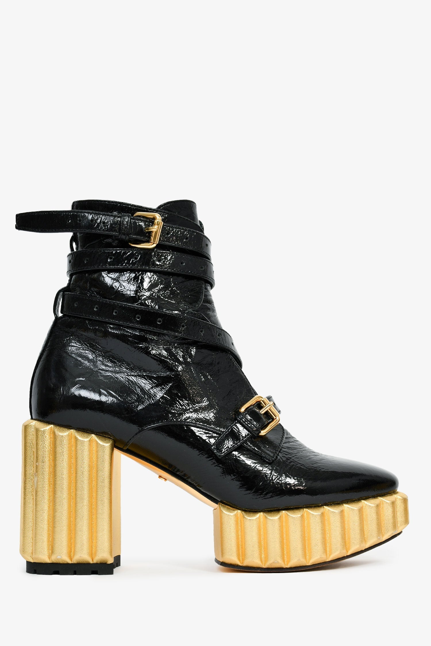 Christian D1OR Black Patent Crinkle Leather Gold Platform Booties Size 37
