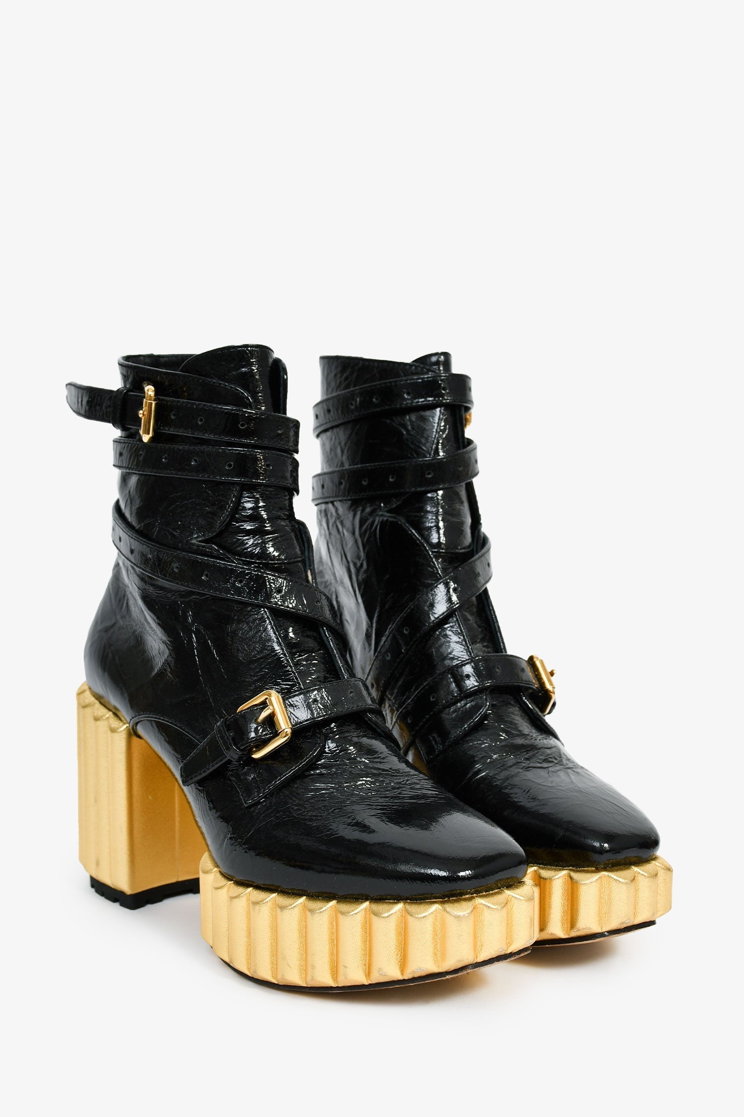 Christian D1OR Black Patent Crinkle Leather Gold Platform Booties Size 37