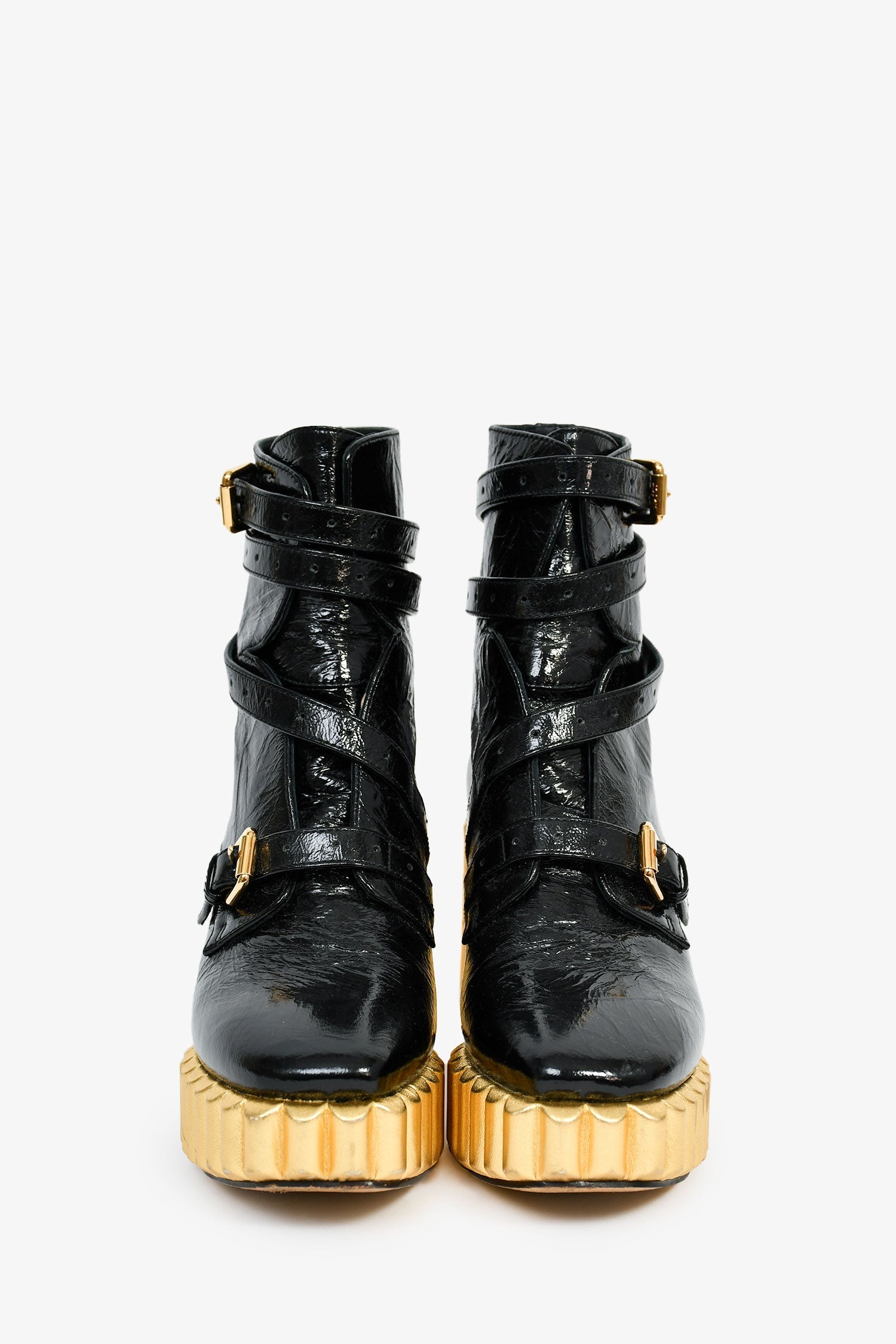 Christian D1OR Black Patent Crinkle Leather Gold Platform Booties Size 37