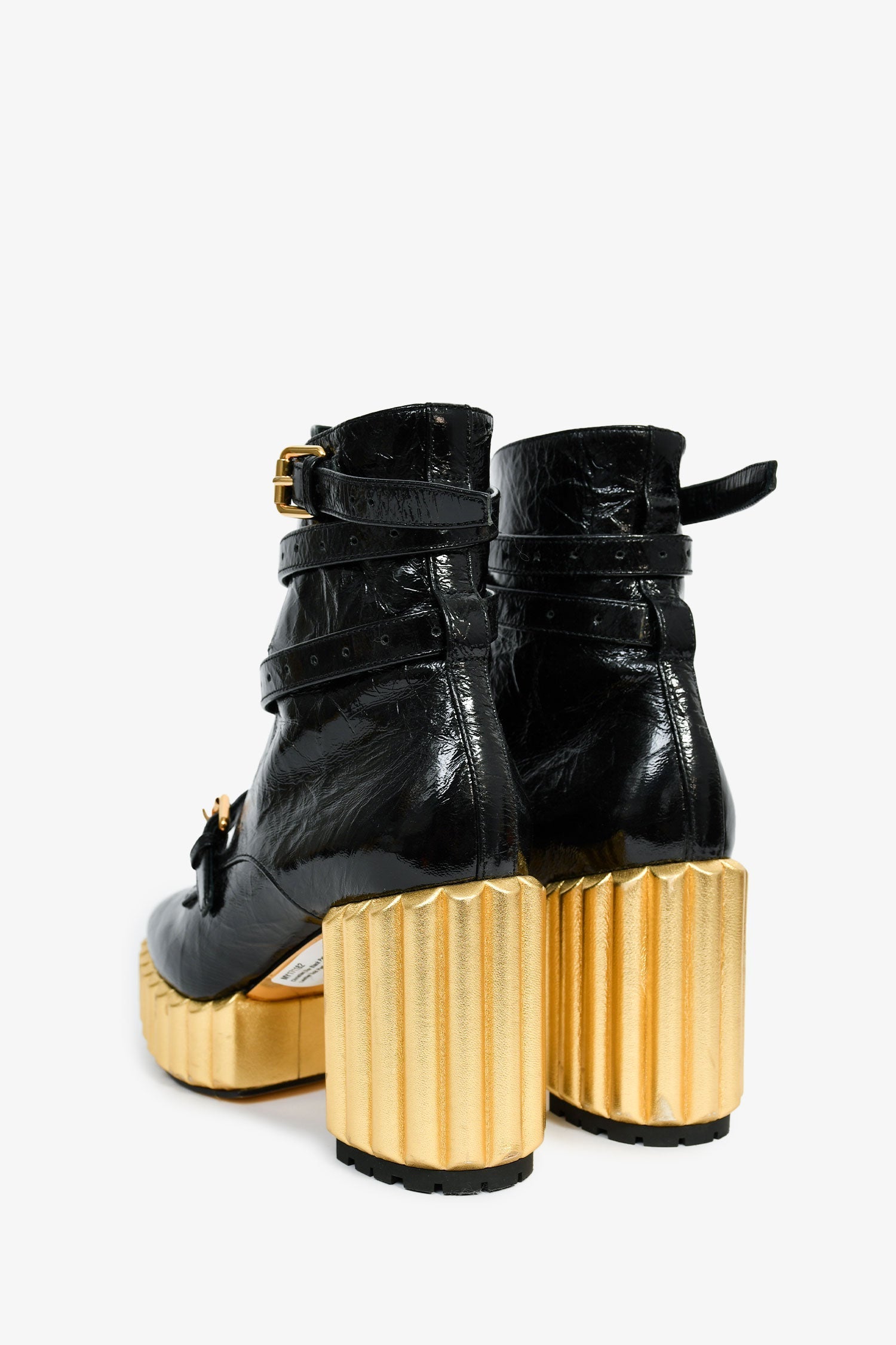 Christian D1OR Black Patent Crinkle Leather Gold Platform Booties Size 37