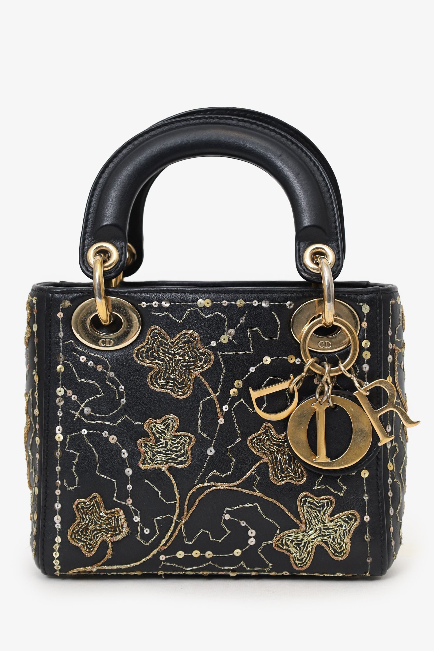 Christian D1OR 2018 Black Leather Gold 'Clovers' Embroidered Mini Lady D1OR