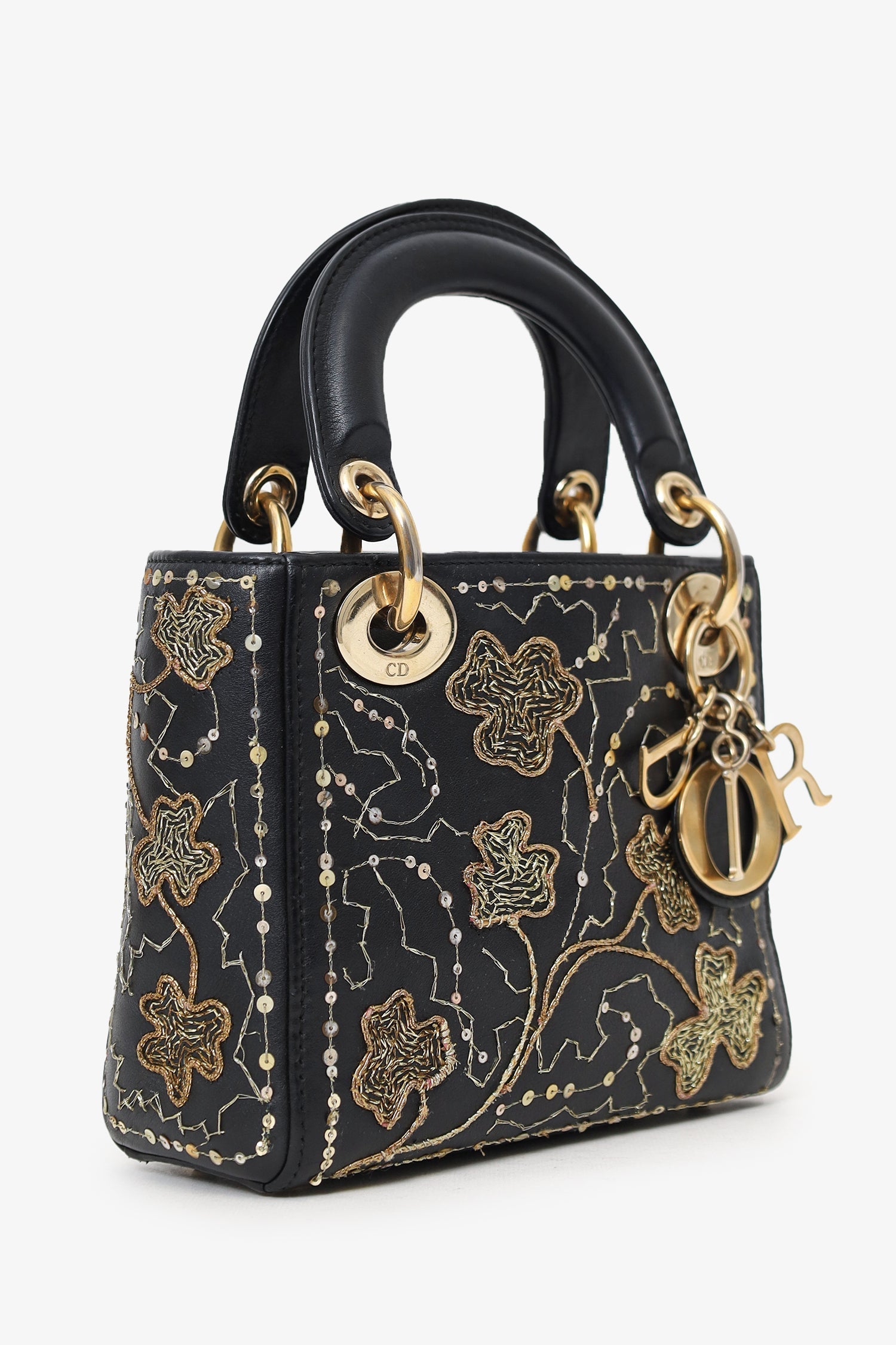 Christian D1OR 2018 Black Leather Gold 'Clovers' Embroidered Mini Lady D1OR
