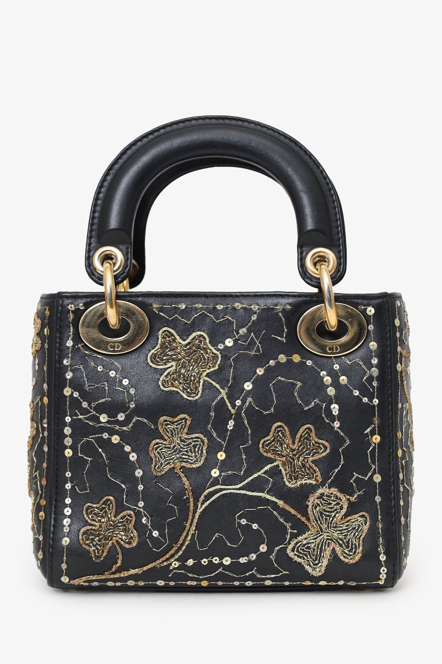 Christian D1OR 2018 Black Leather Gold 'Clovers' Embroidered Mini Lady D1OR