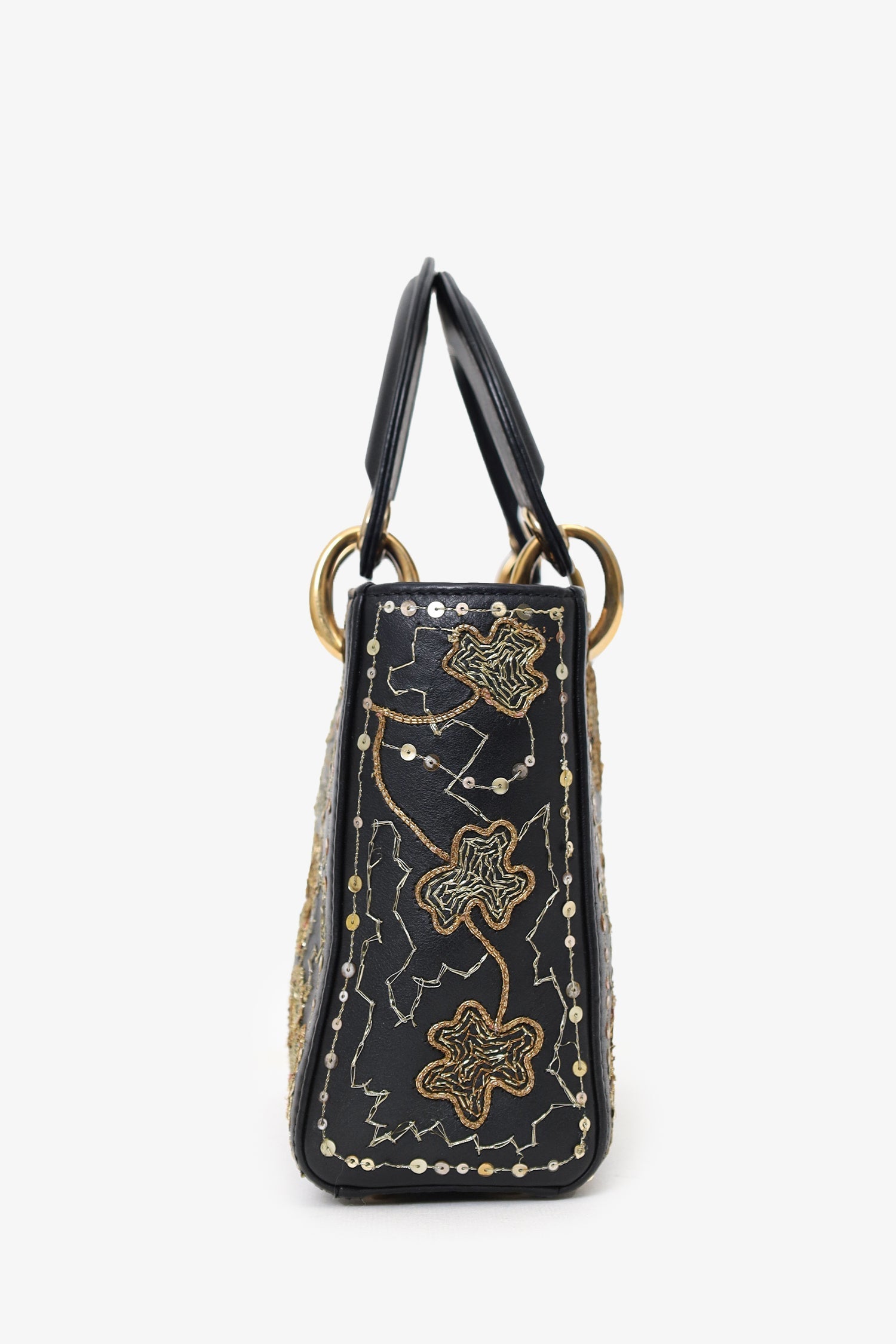 Christian D1OR 2018 Black Leather Gold 'Clovers' Embroidered Mini Lady D1OR