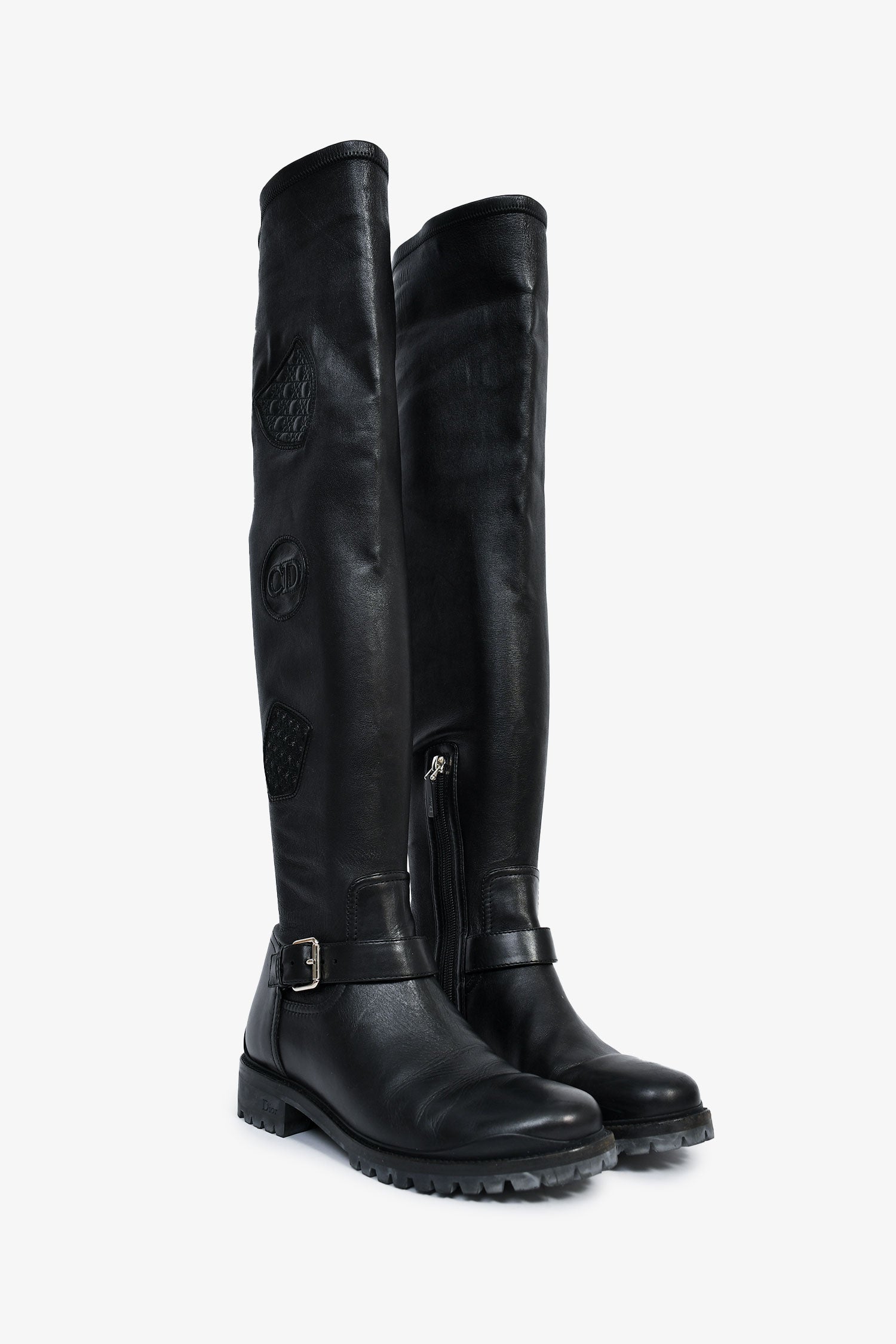 Christian D1OR Black Leather Thigh High Boots Size 9