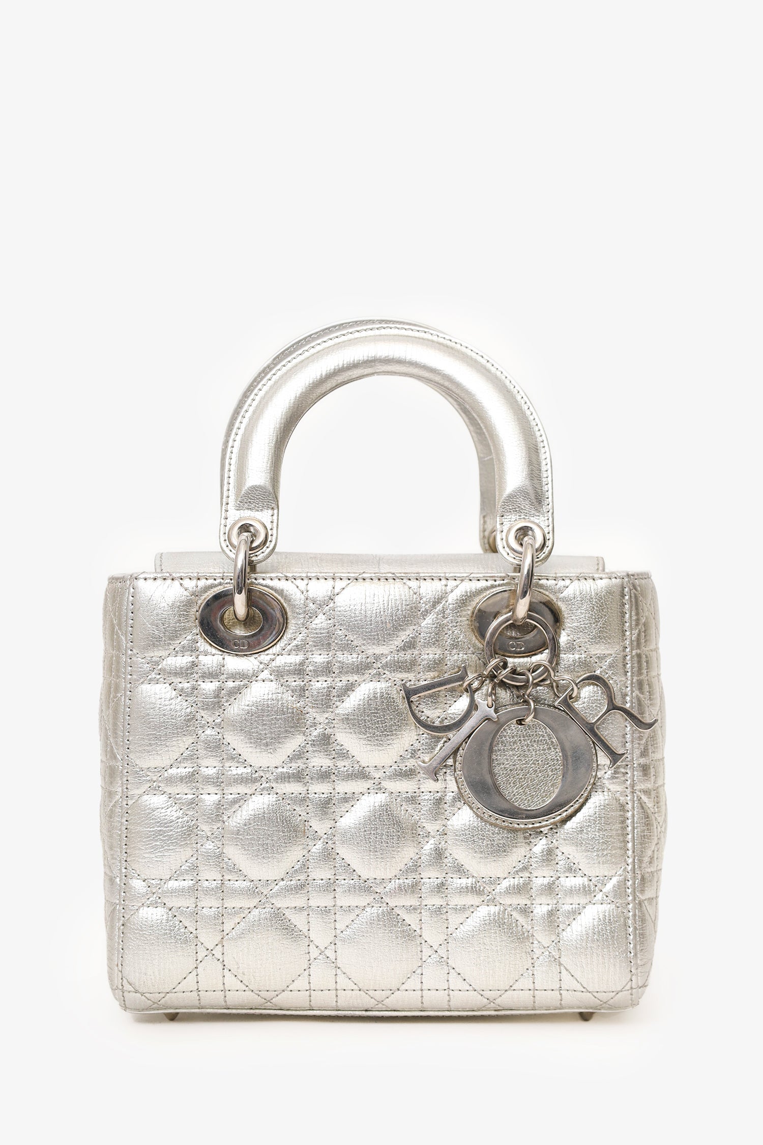 Christian D1OR 2017 Silver Metallic Leather Cannage Small Lady D1OR with Strap