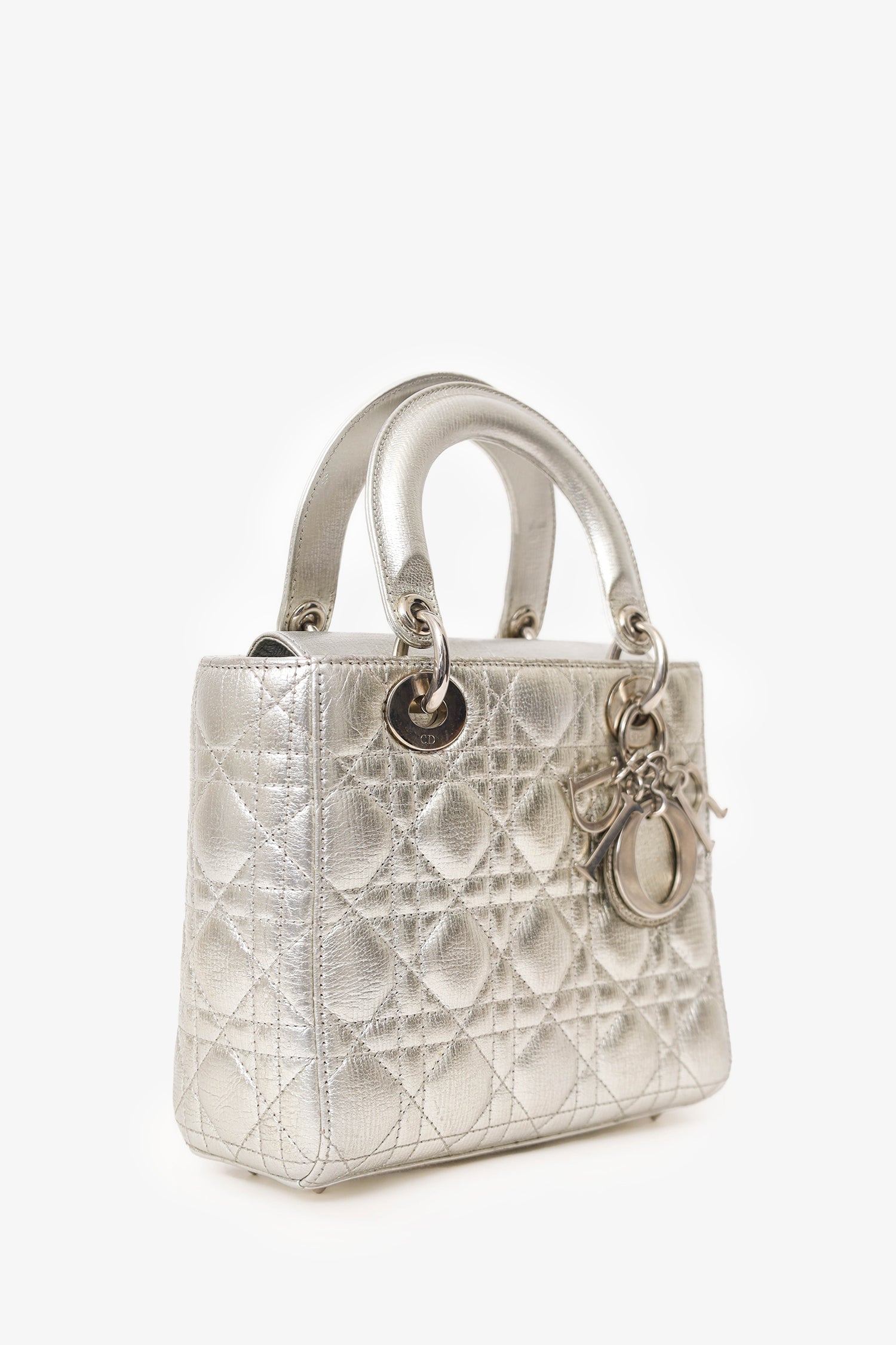 Christian D1OR 2017 Silver Metallic Leather Cannage Small Lady D1OR with Strap