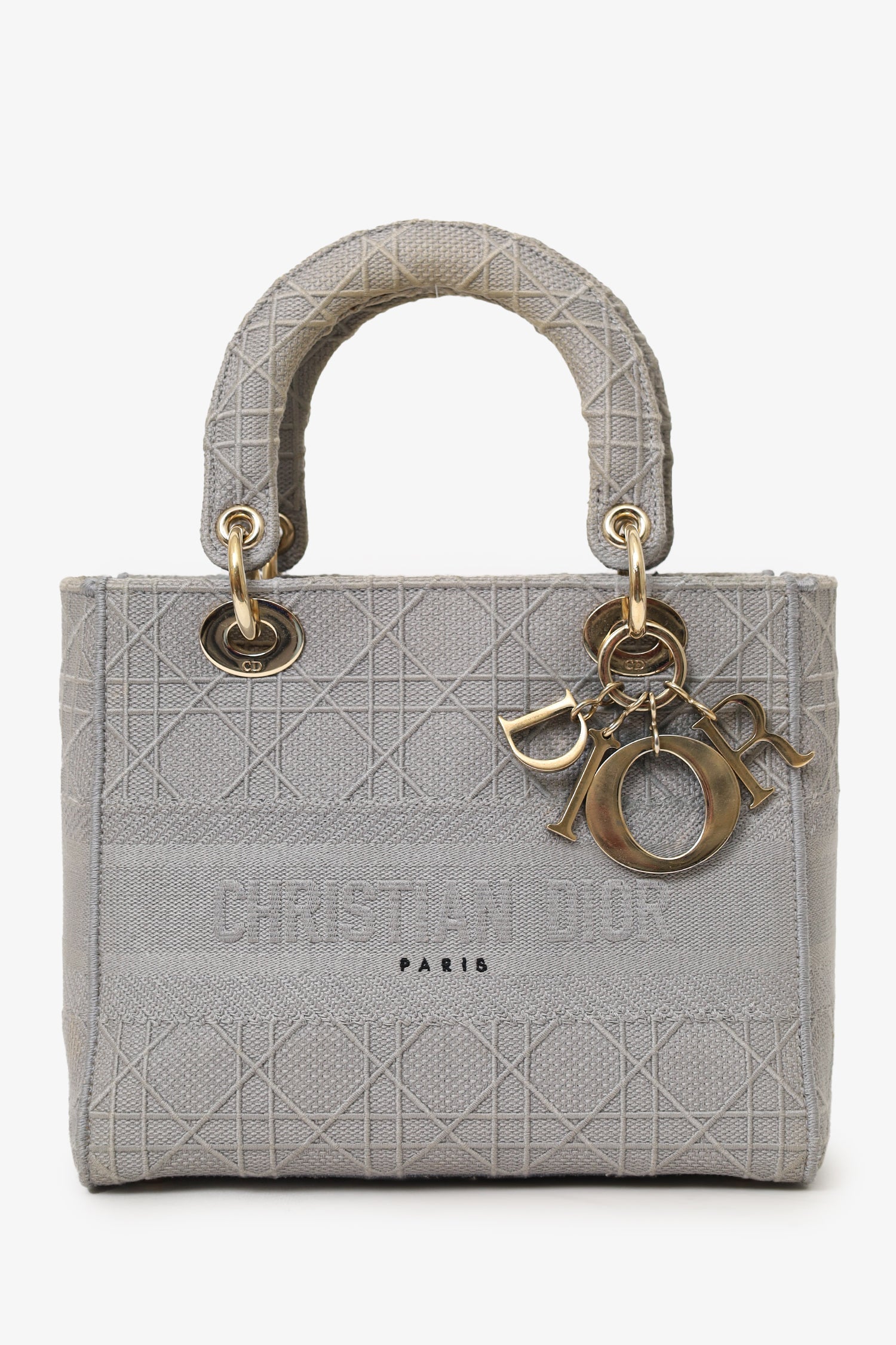 Christian D1OR 2020 Grey Cannage Embroidered Canvas Medium Lady D-Lite With Strap