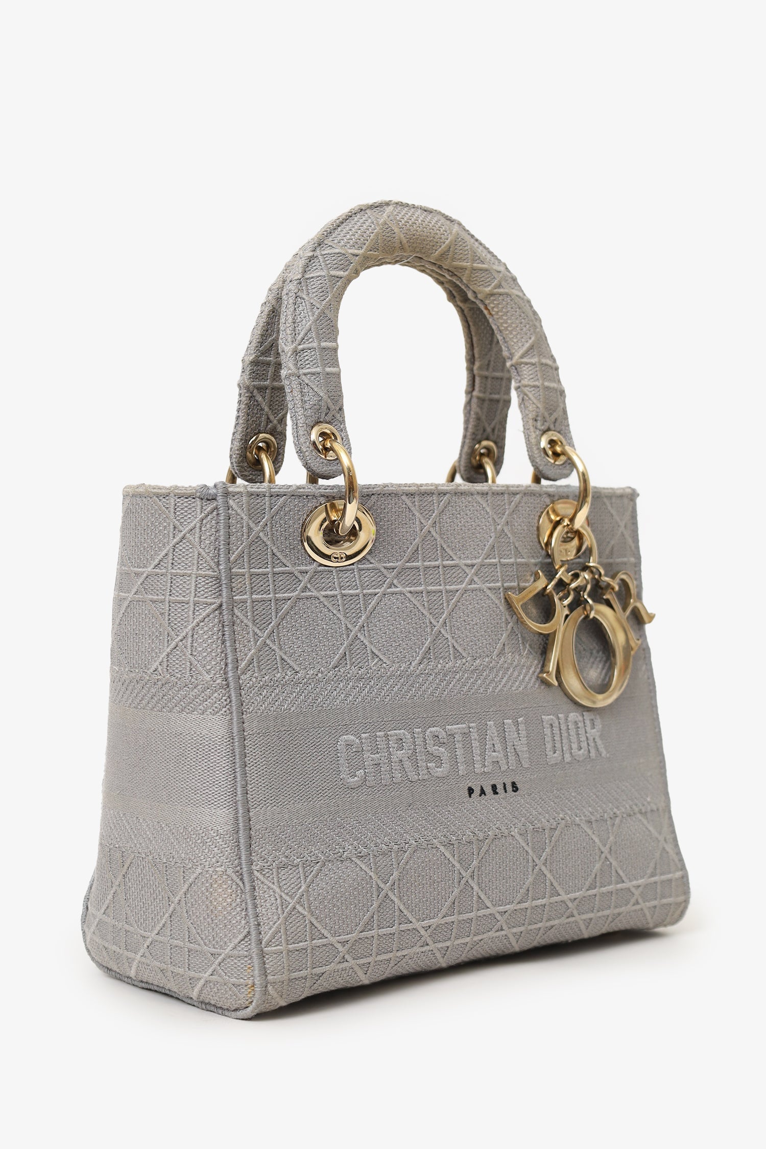 Christian D1OR 2020 Grey Cannage Embroidered Canvas Medium Lady D-Lite With Strap