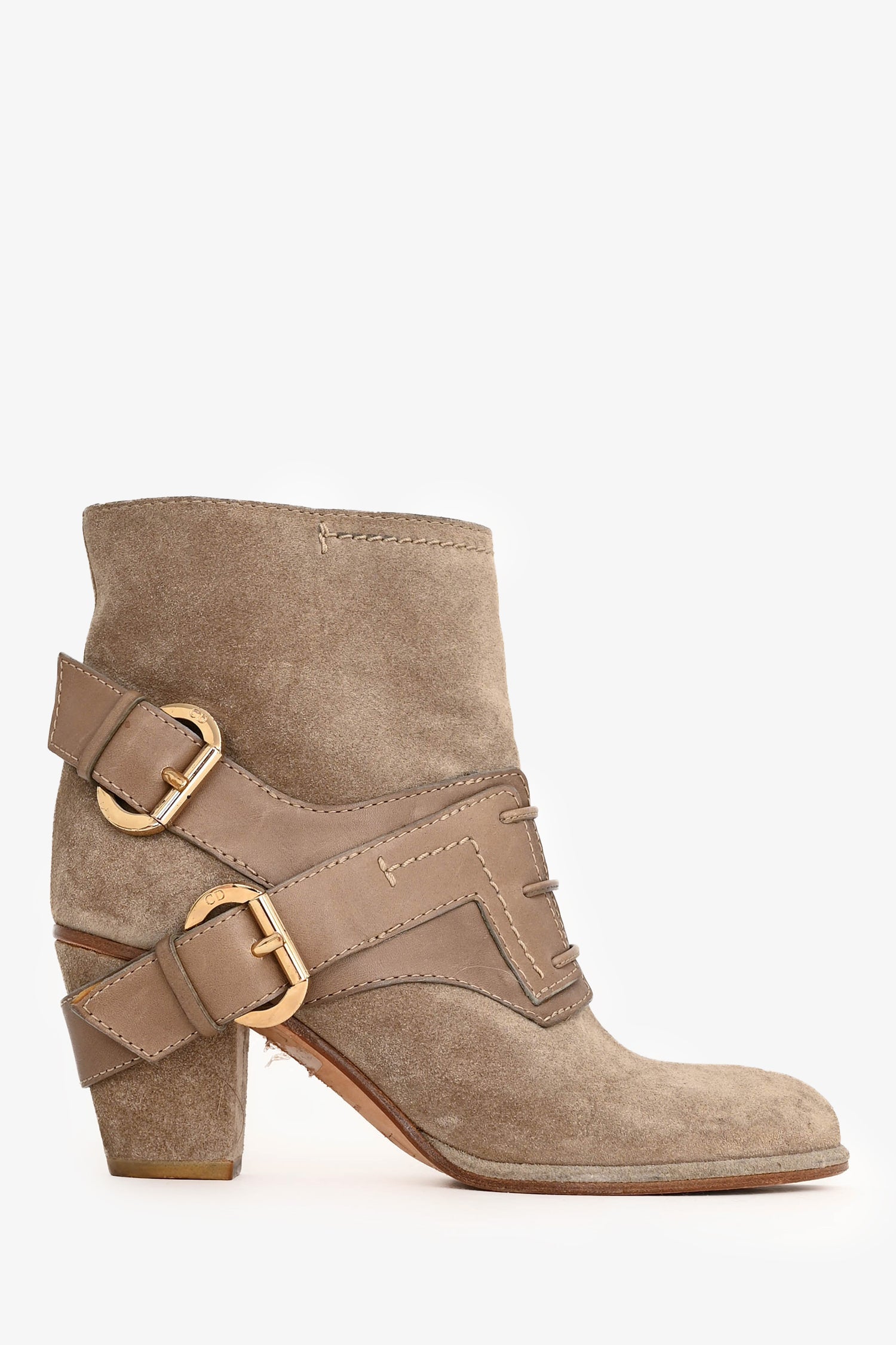 Christian D1OR Beige Suede Leather Buckle Detail Ankle Boots Size 35.5