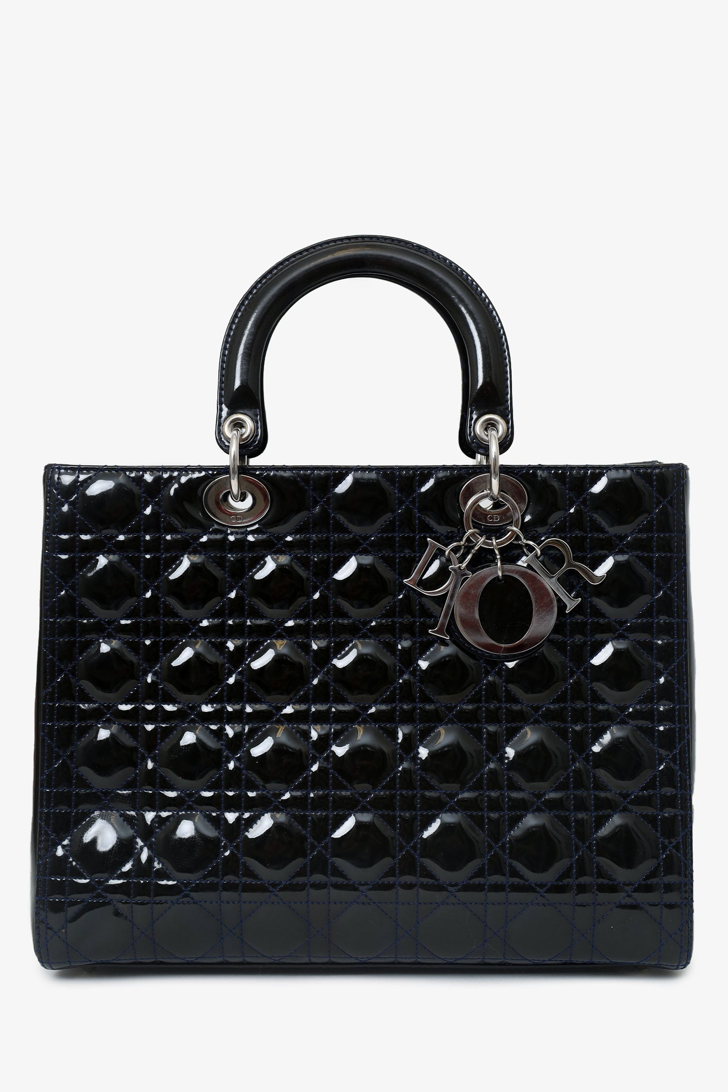 Christian D1OR 2009 Black Patent Large Lady D1OR Top Handle With Strap