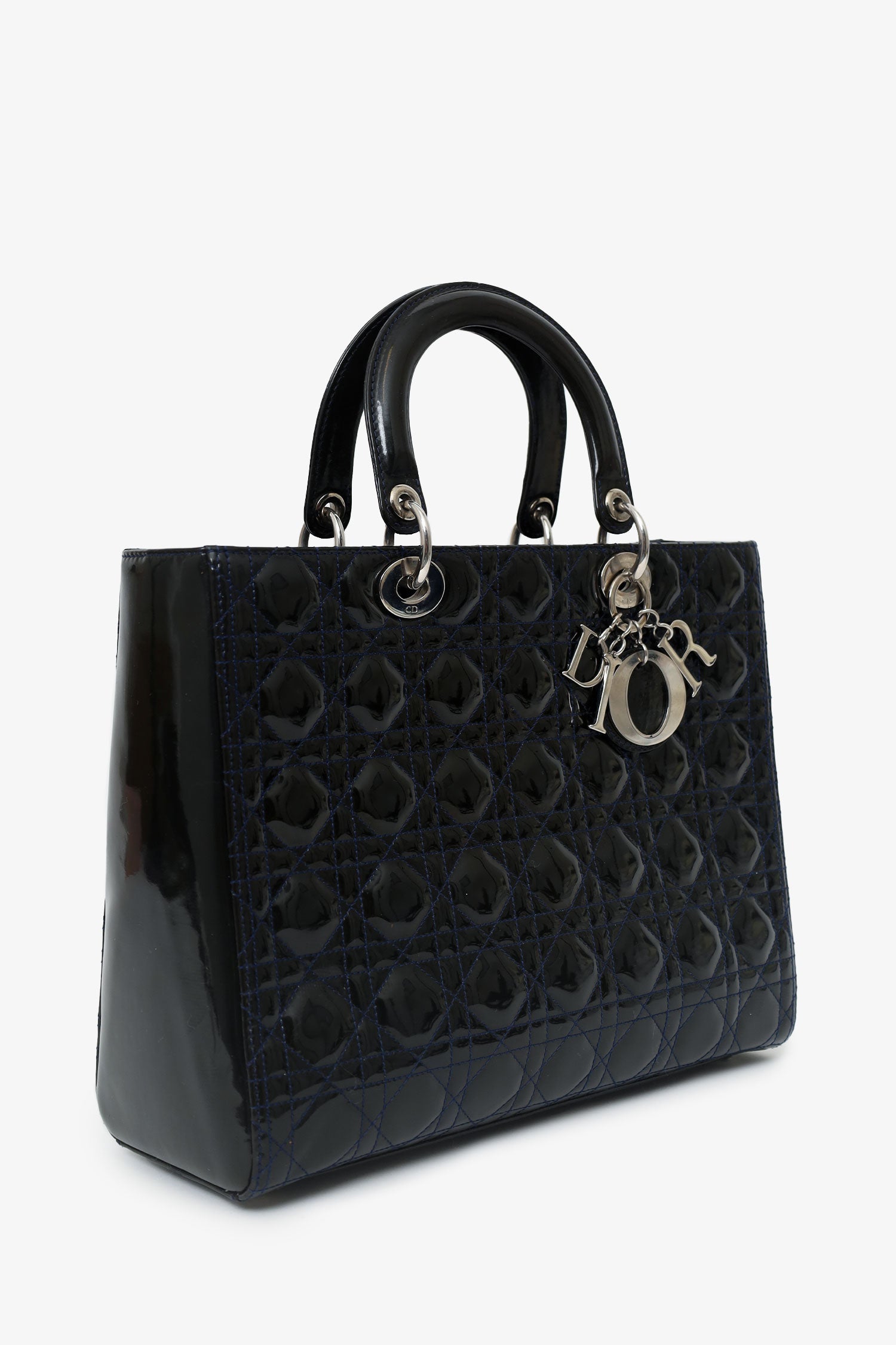Christian D1OR 2009 Black Patent Large Lady D1OR Top Handle With Strap