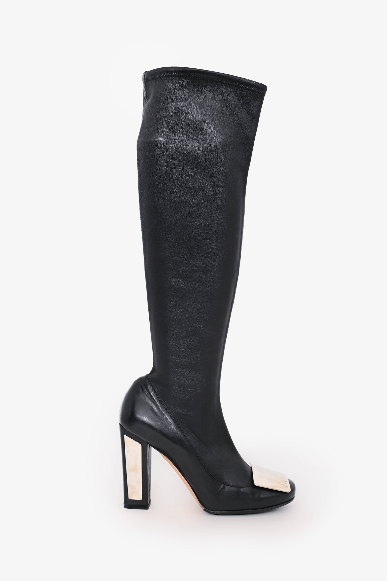 Christian D1OR Black Leather Logo Plaque Knee High Boots Size 36