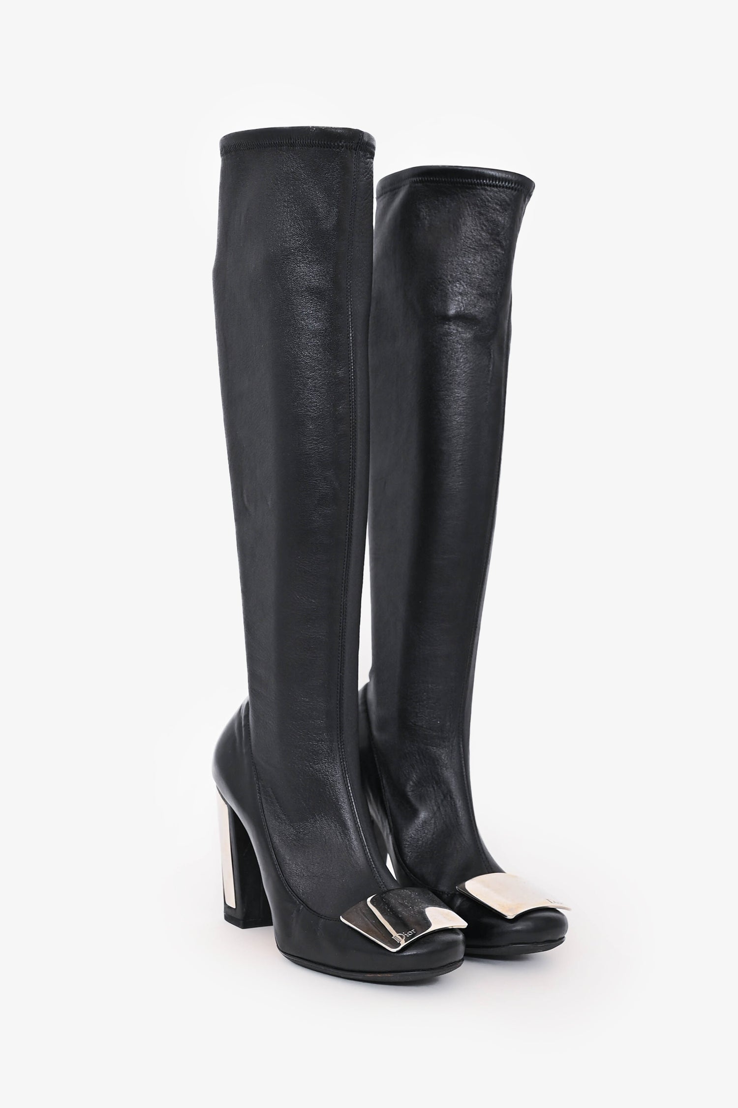 Christian D1OR Black Leather Logo Plaque Knee High Boots Size 36