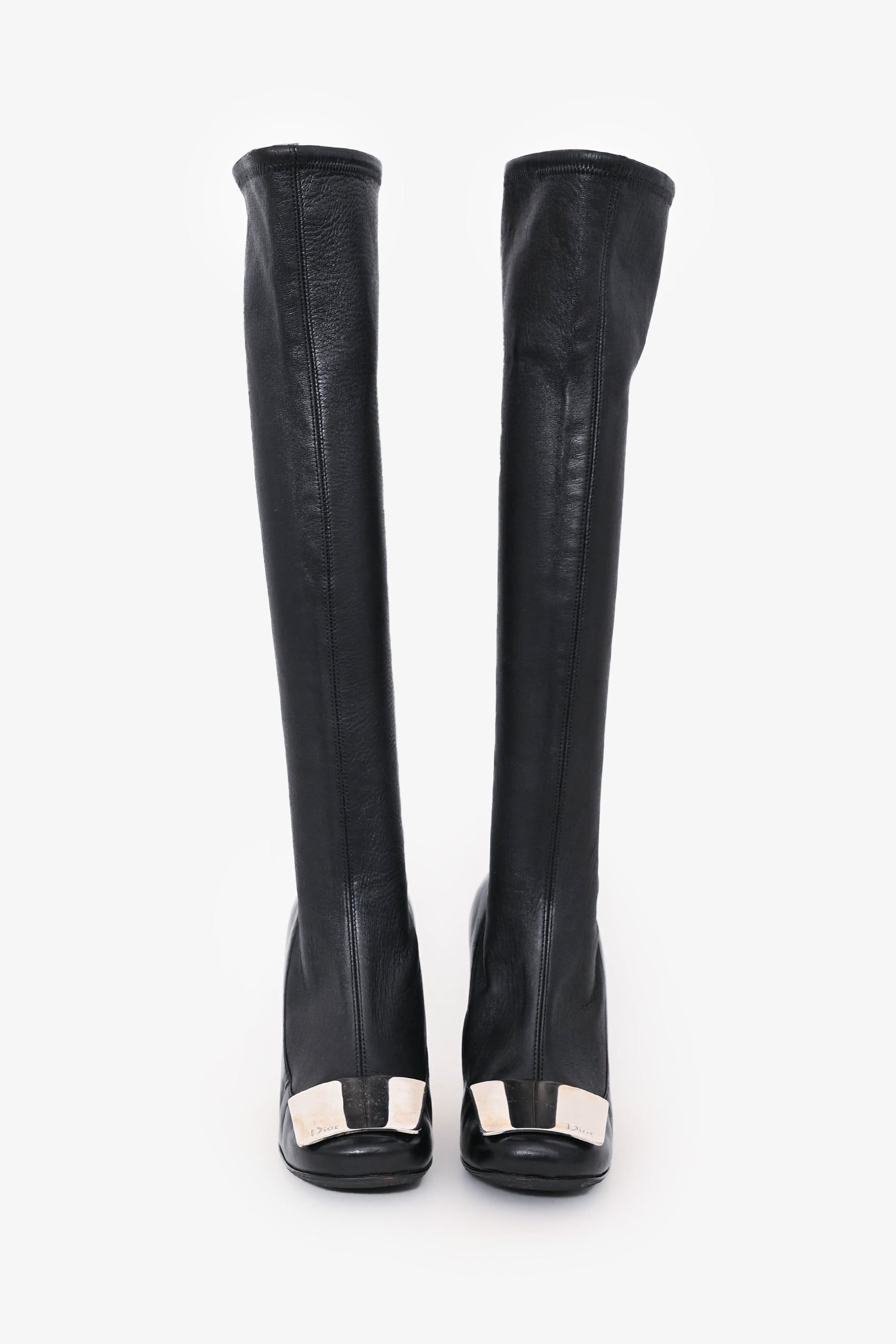 Christian D1OR Black Leather Logo Plaque Knee High Boots Size 36