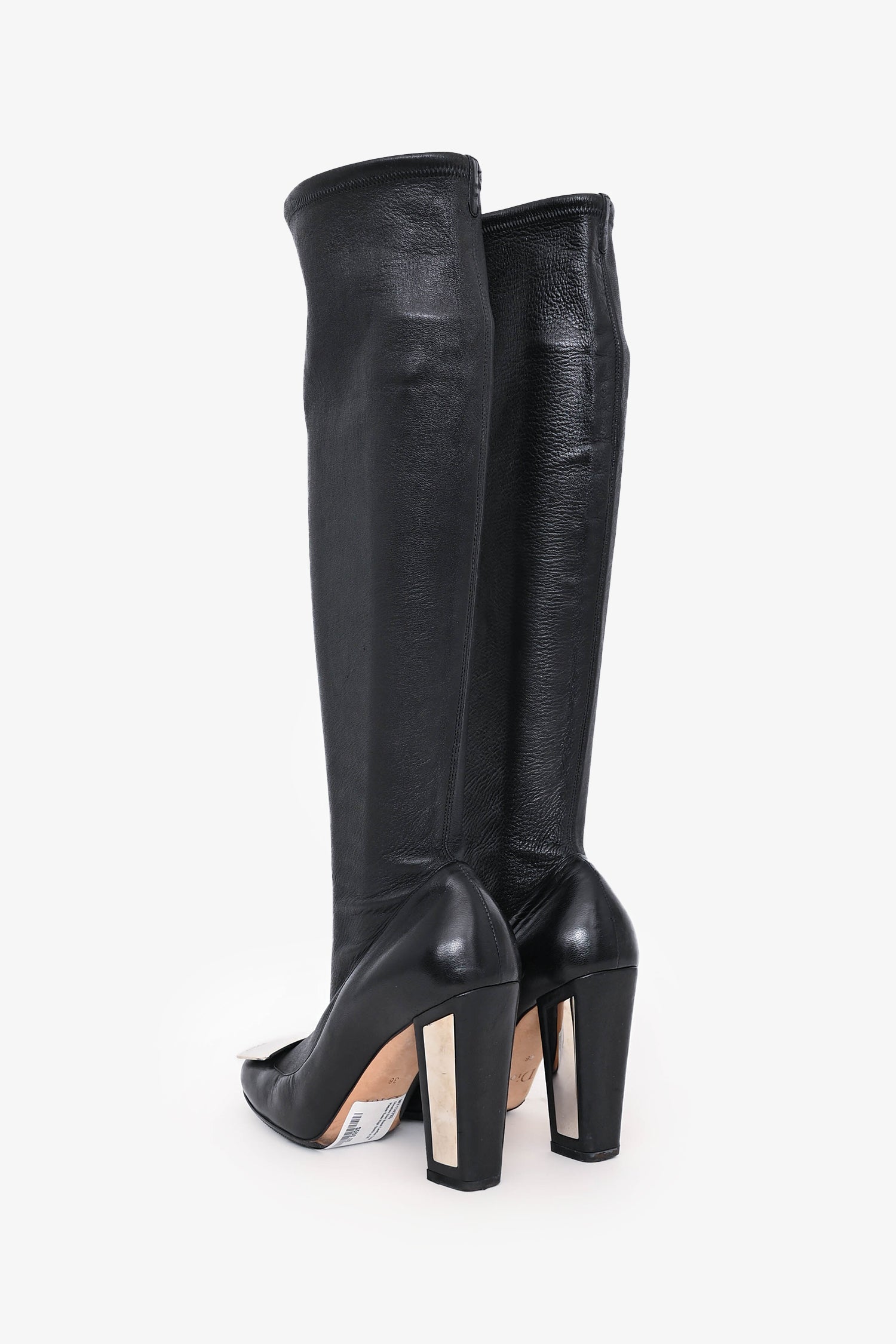 Christian D1OR Black Leather Logo Plaque Knee High Boots Size 36
