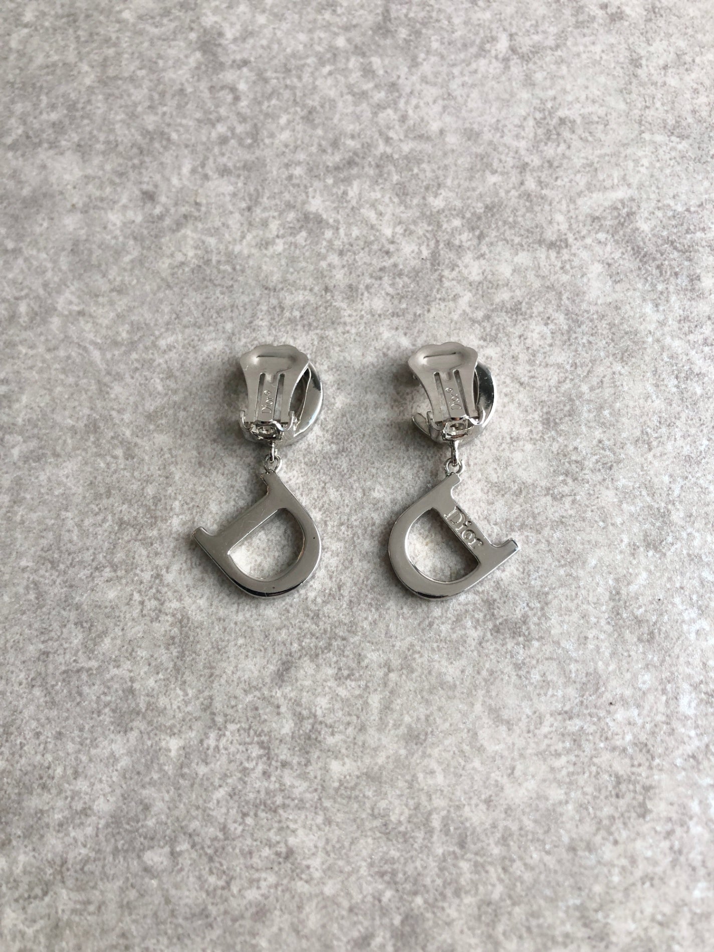 Christian D1OR CD Logo Rhinestone Earrings Silver Vintage ztahea